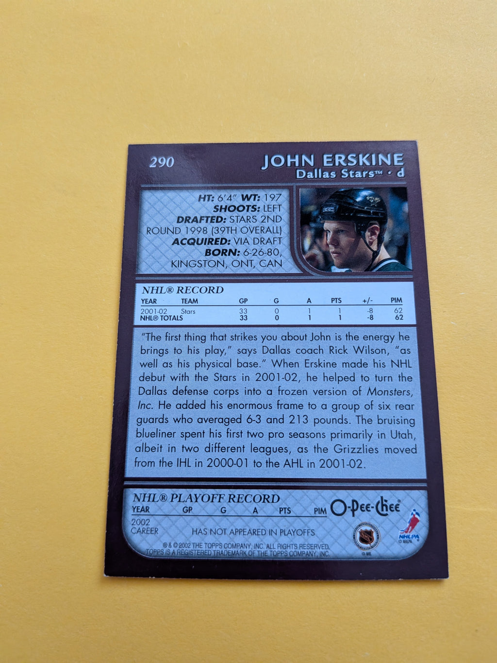 John Erskine Signed Dallas Stars Card A