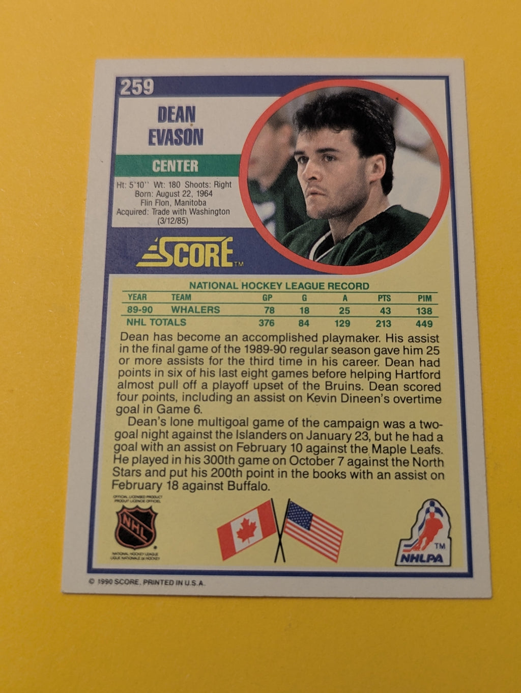 Dean Evason Signed Hartford Whalers Card