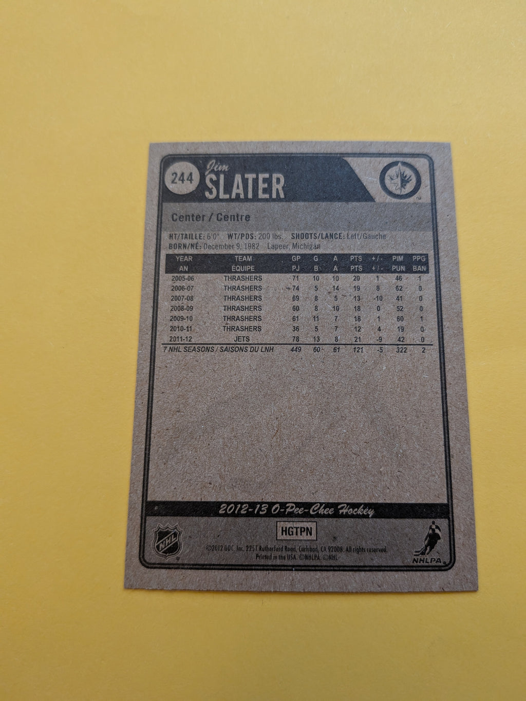 Jim Slater Signed Winnipeg Jets Card B