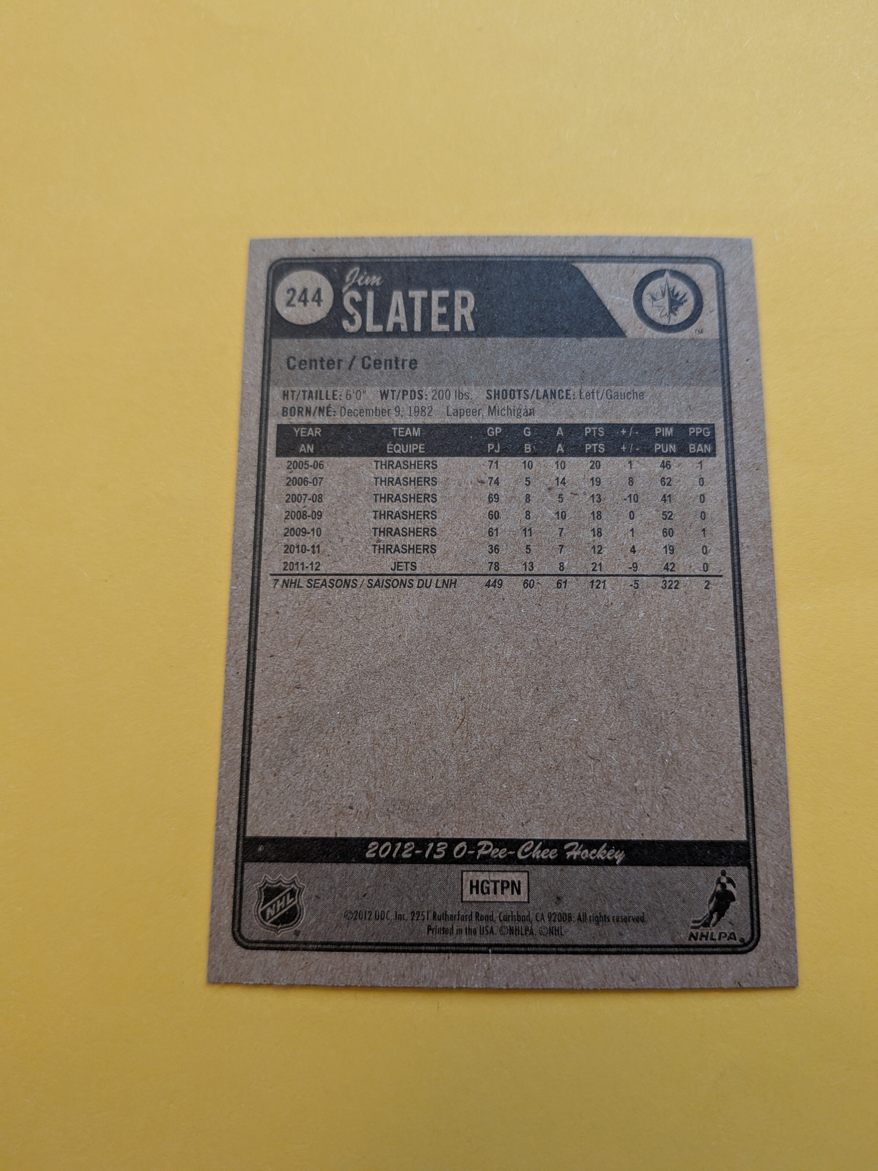 Jim Slater Signed Winnipeg Jets Card B