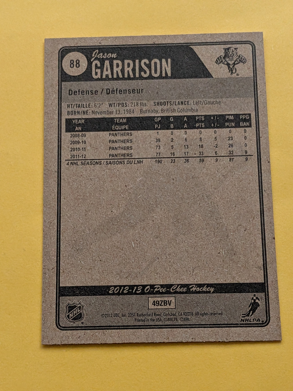 Jason Garrison Signed Florida Panthers Card A