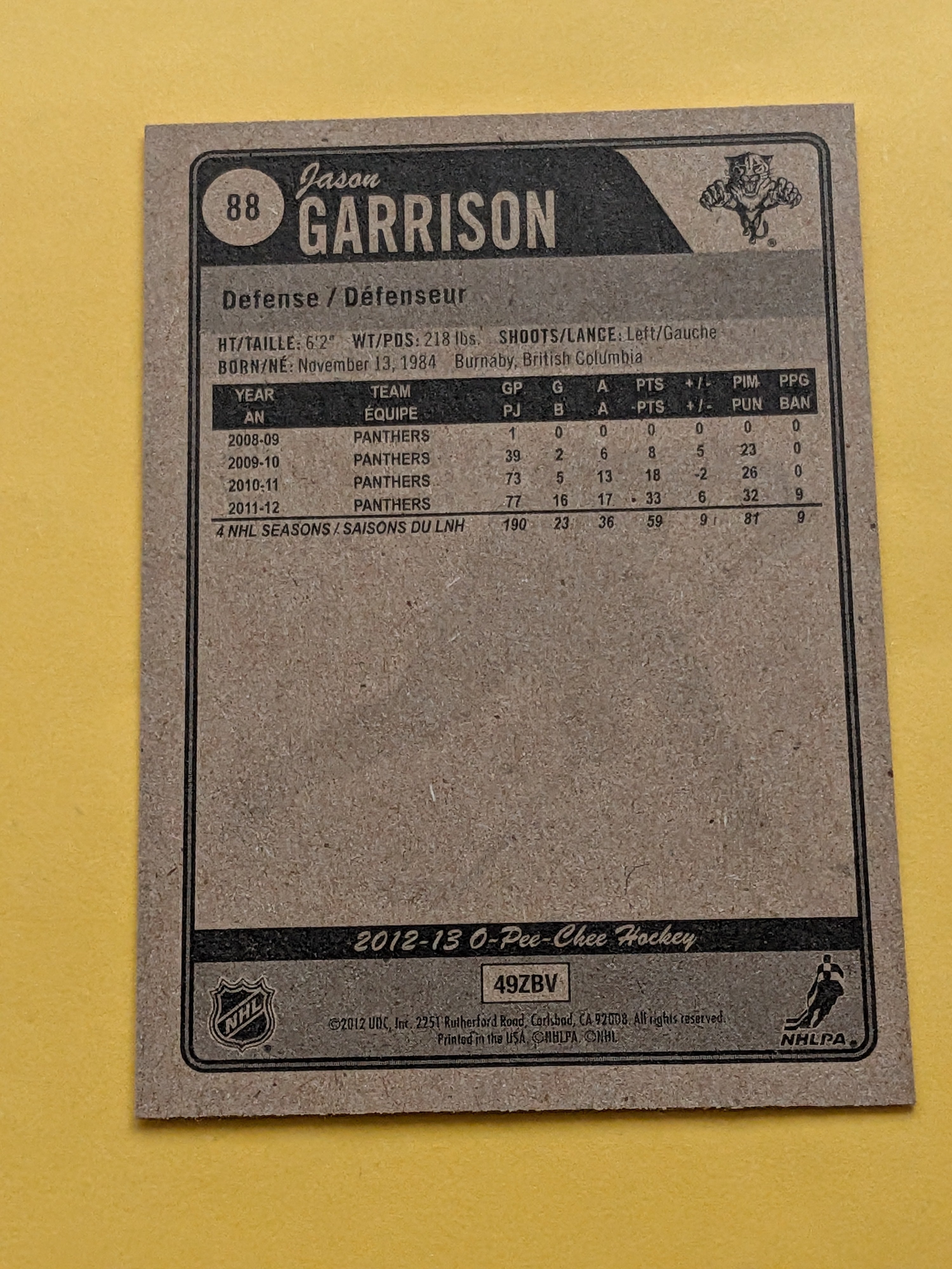 Jason Garrison Signed Florida Panthers Card A