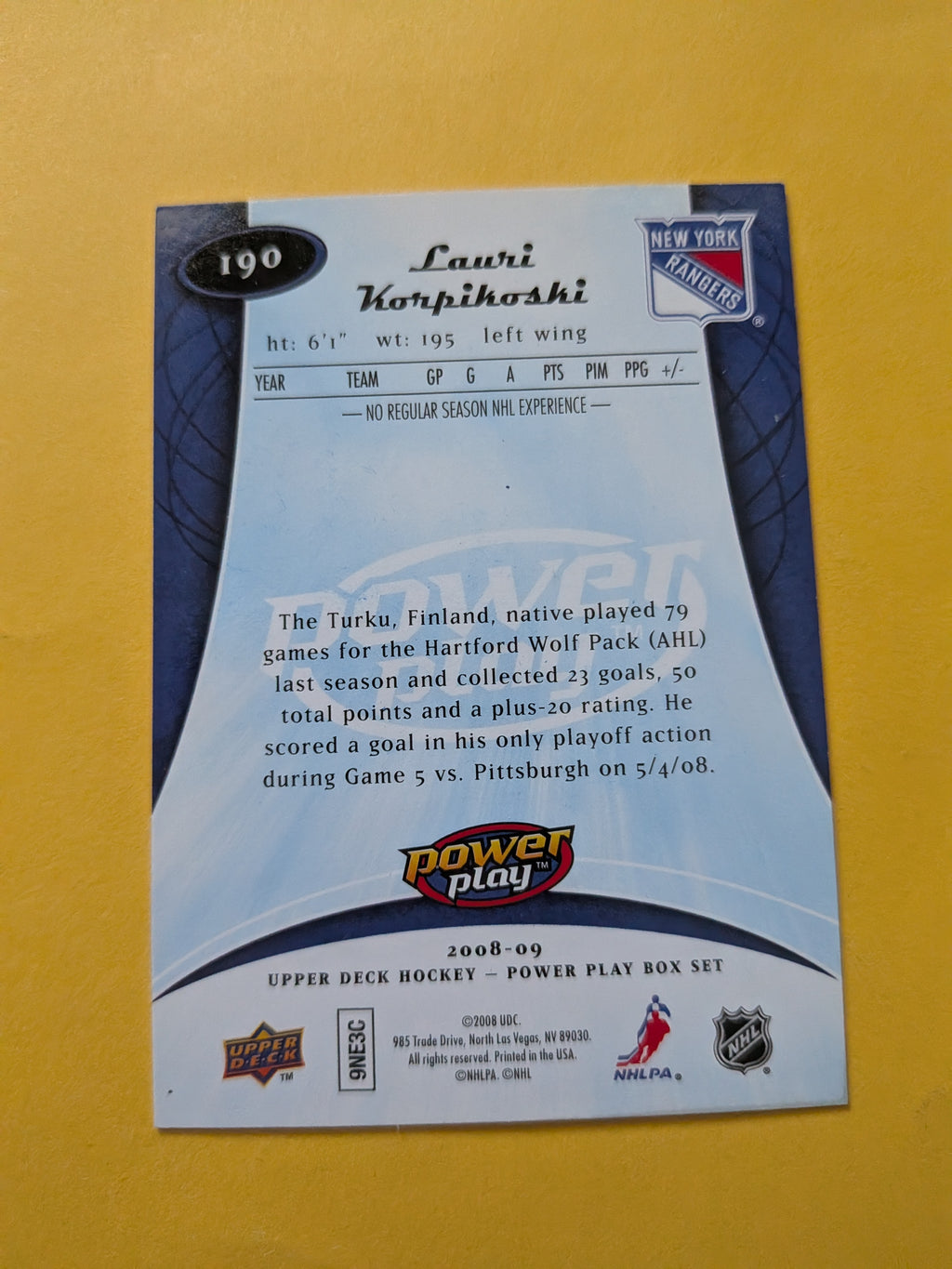 Lauri Korpikoski Signed New York Rangers Rookie Card C