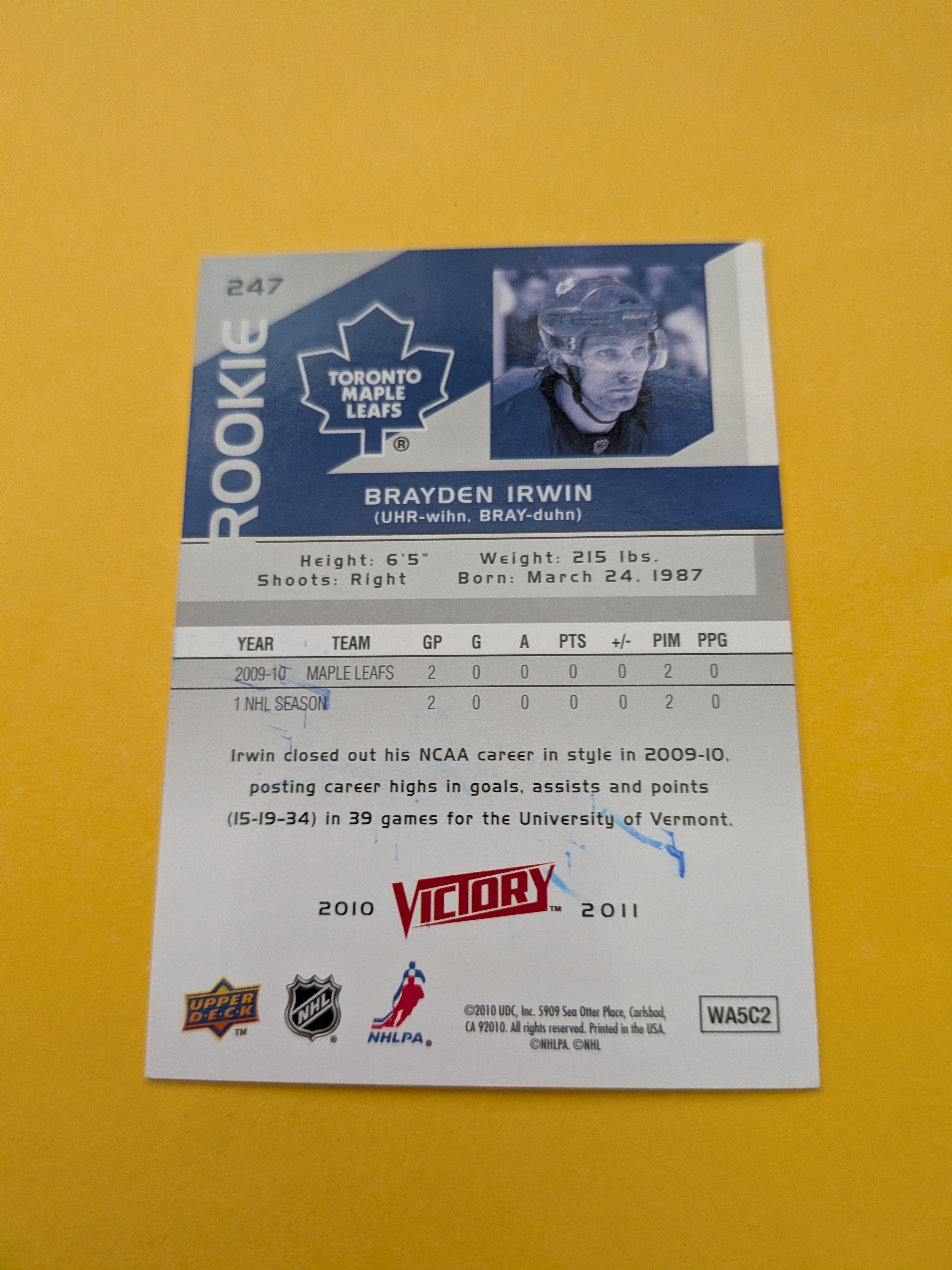 Brayden Irwin Signed Toronto Maple Leafs Rookie Card A