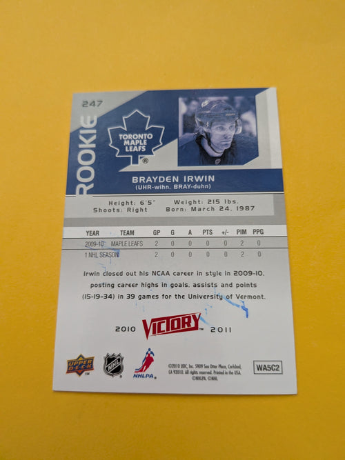Brayden Irwin Signed Toronto Maple Leafs Rookie Card A
