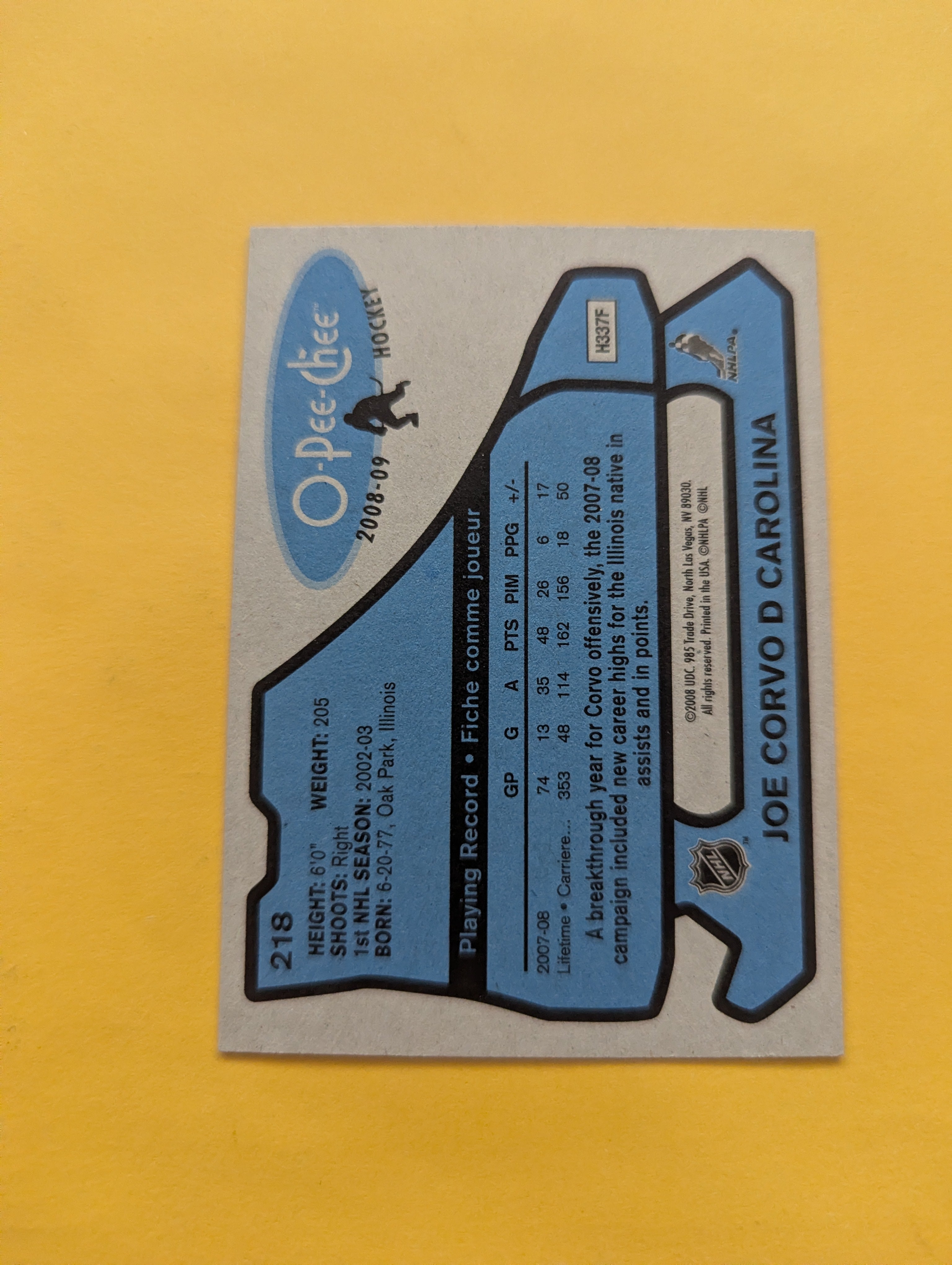 Joe Corvo Signed Carolina Hurricanes Card A