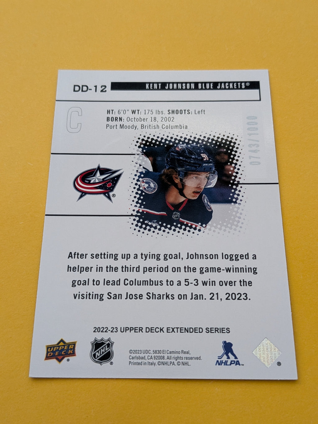 Kent Johnson 22-23 Upper Deck Black Diamond Dominance Card 743/1000