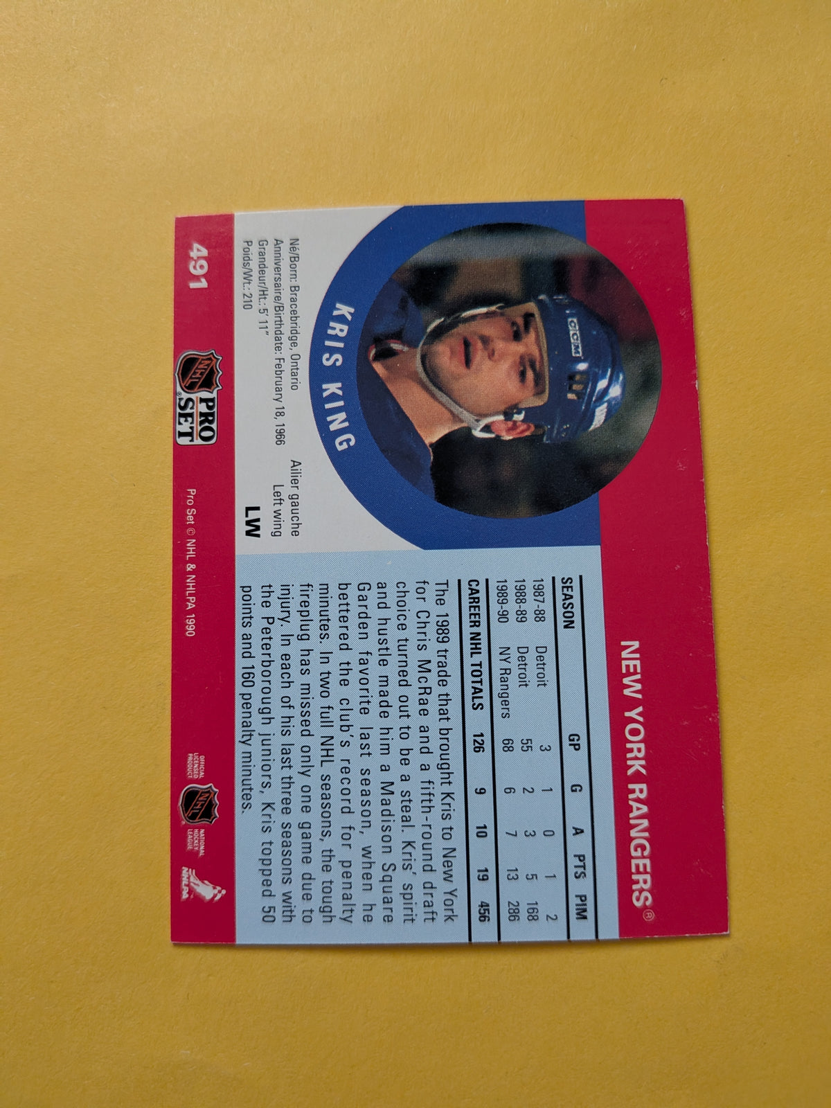 Kris King Signed New York Rangers Card E
