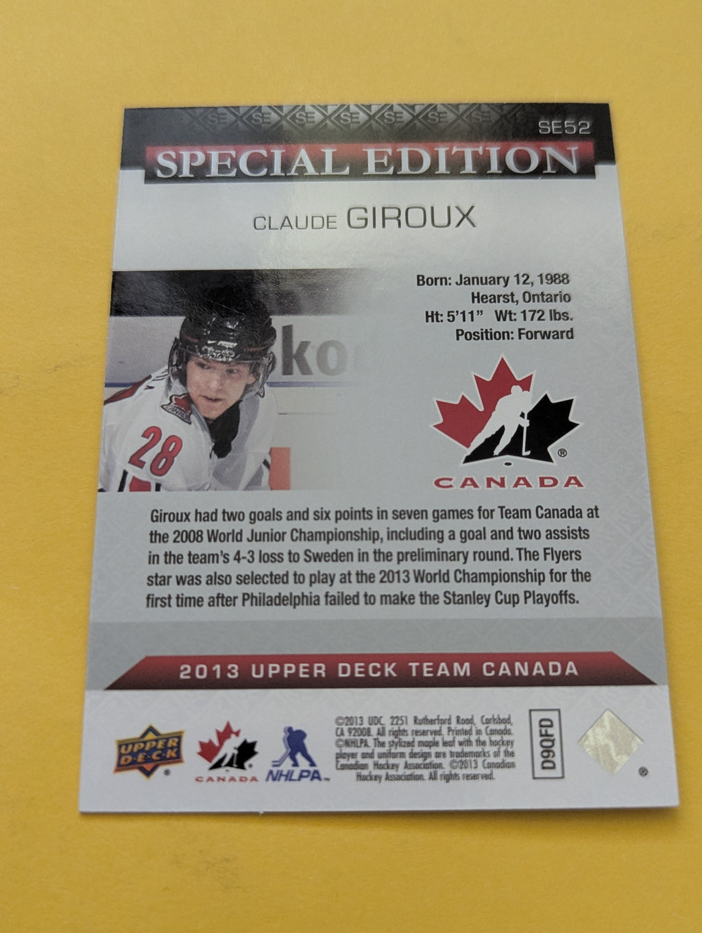 Claude Giroux 2013 Upper Deck Team Canada Special Edition Card