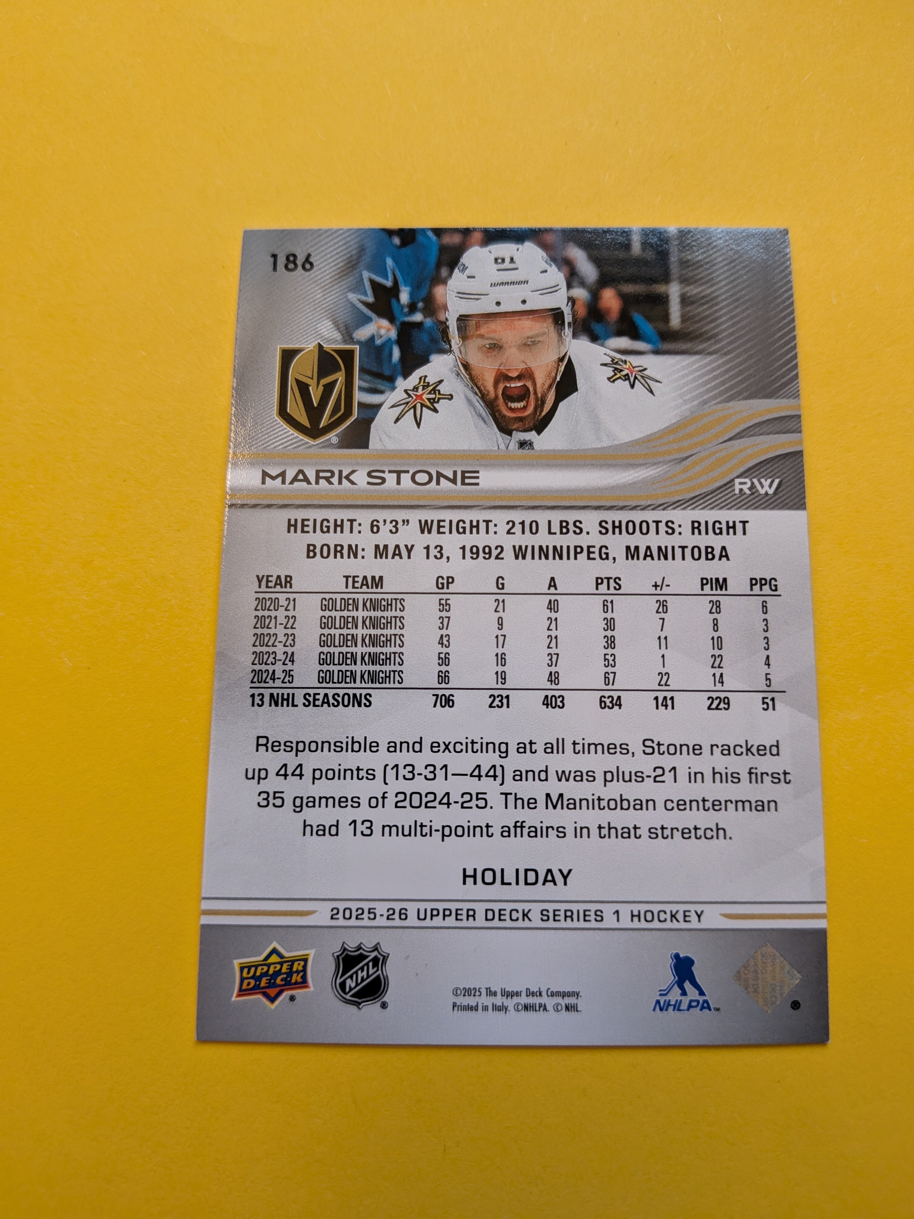 Mark Stone 25-26 Upper Deck Green Holiday Card
