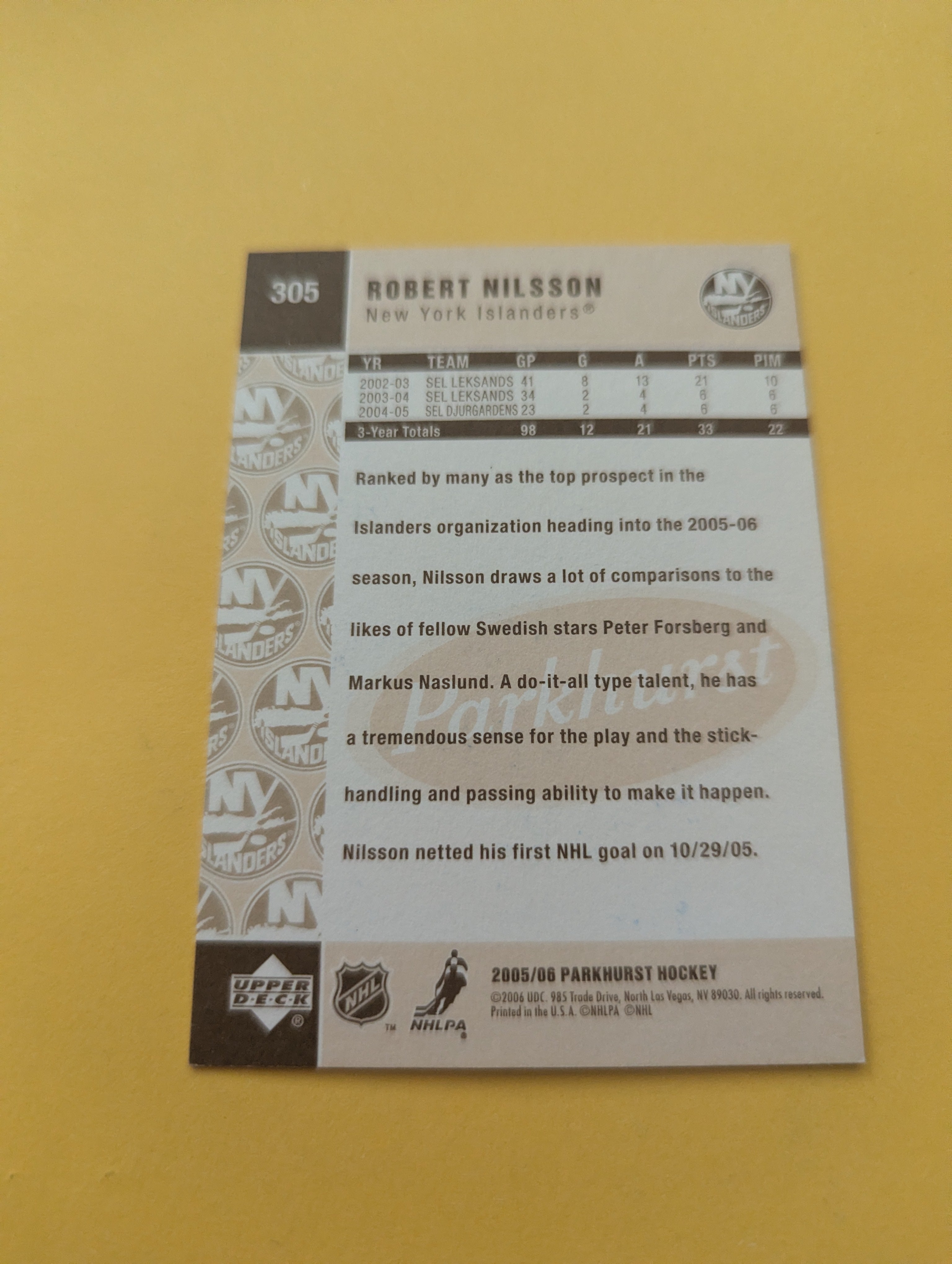 Robert Nilsson Signed New York Islanders Card