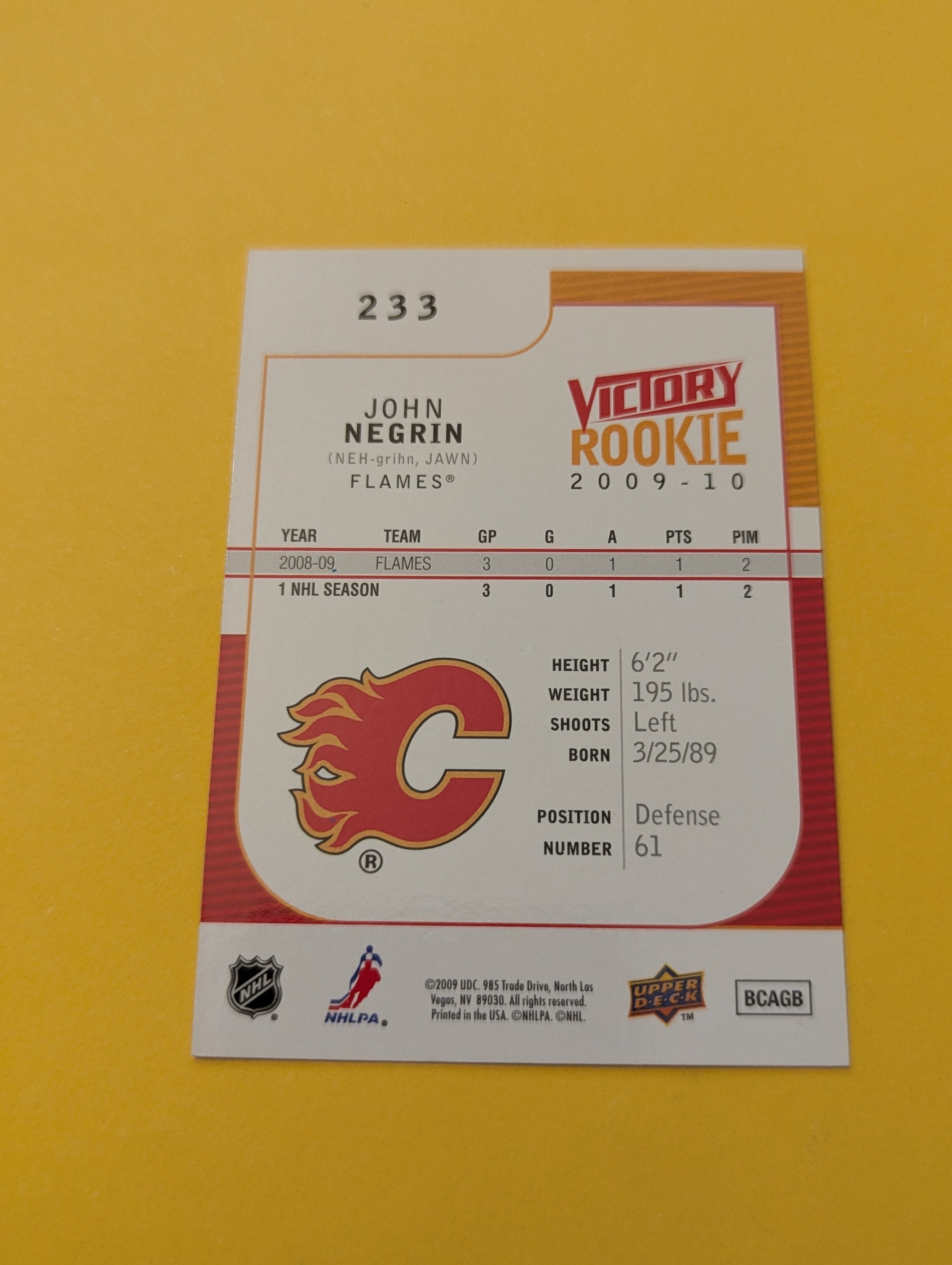 John Negrin Signed Calgary Flames Rookie Card
