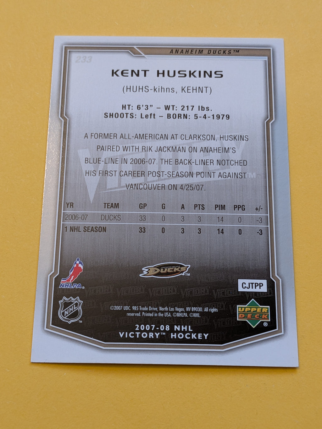 Kent Huskins Signed Anaheim Ducks Rookie Card A