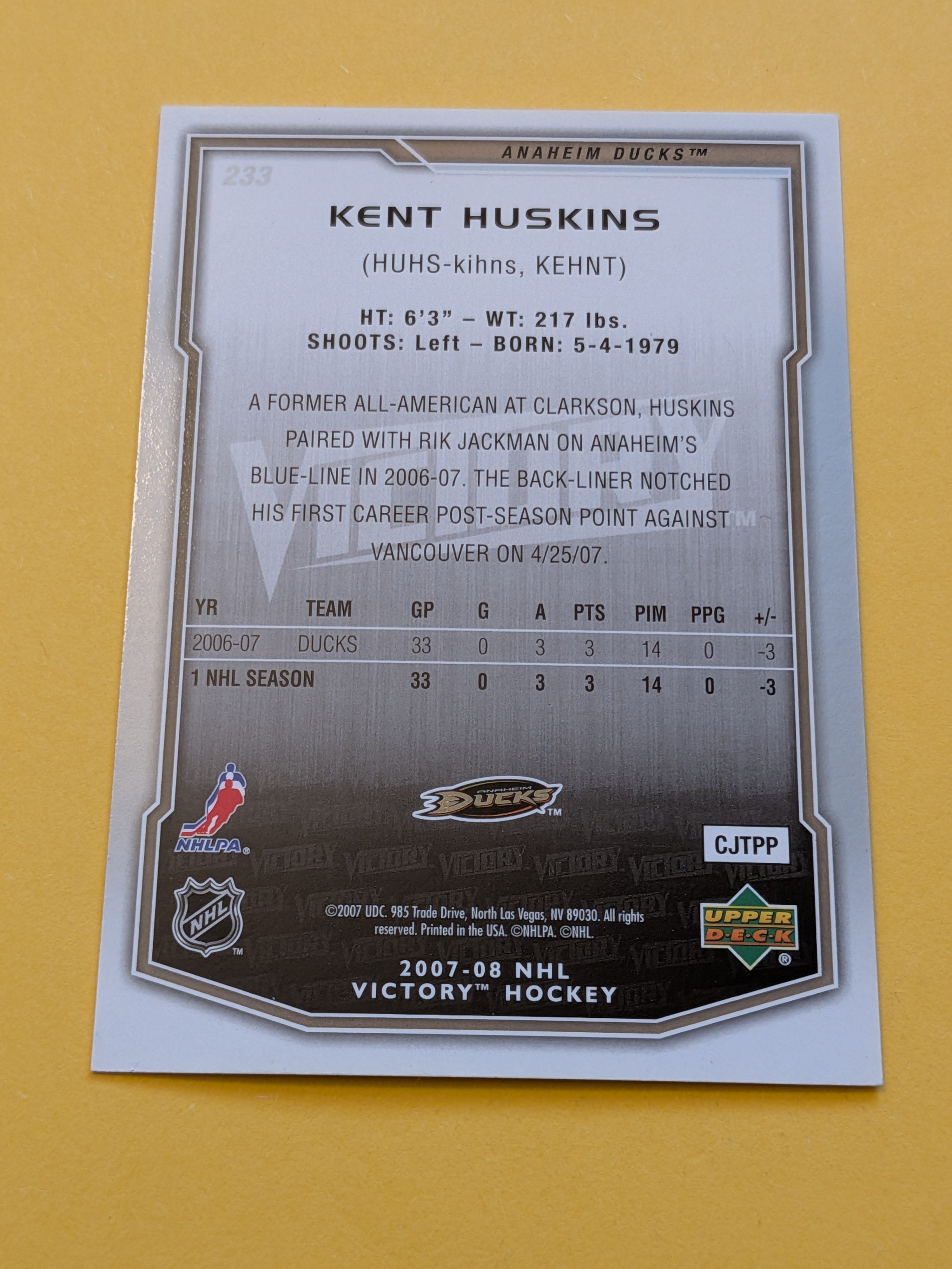 Kent Huskins Signed Anaheim Ducks Rookie Card A