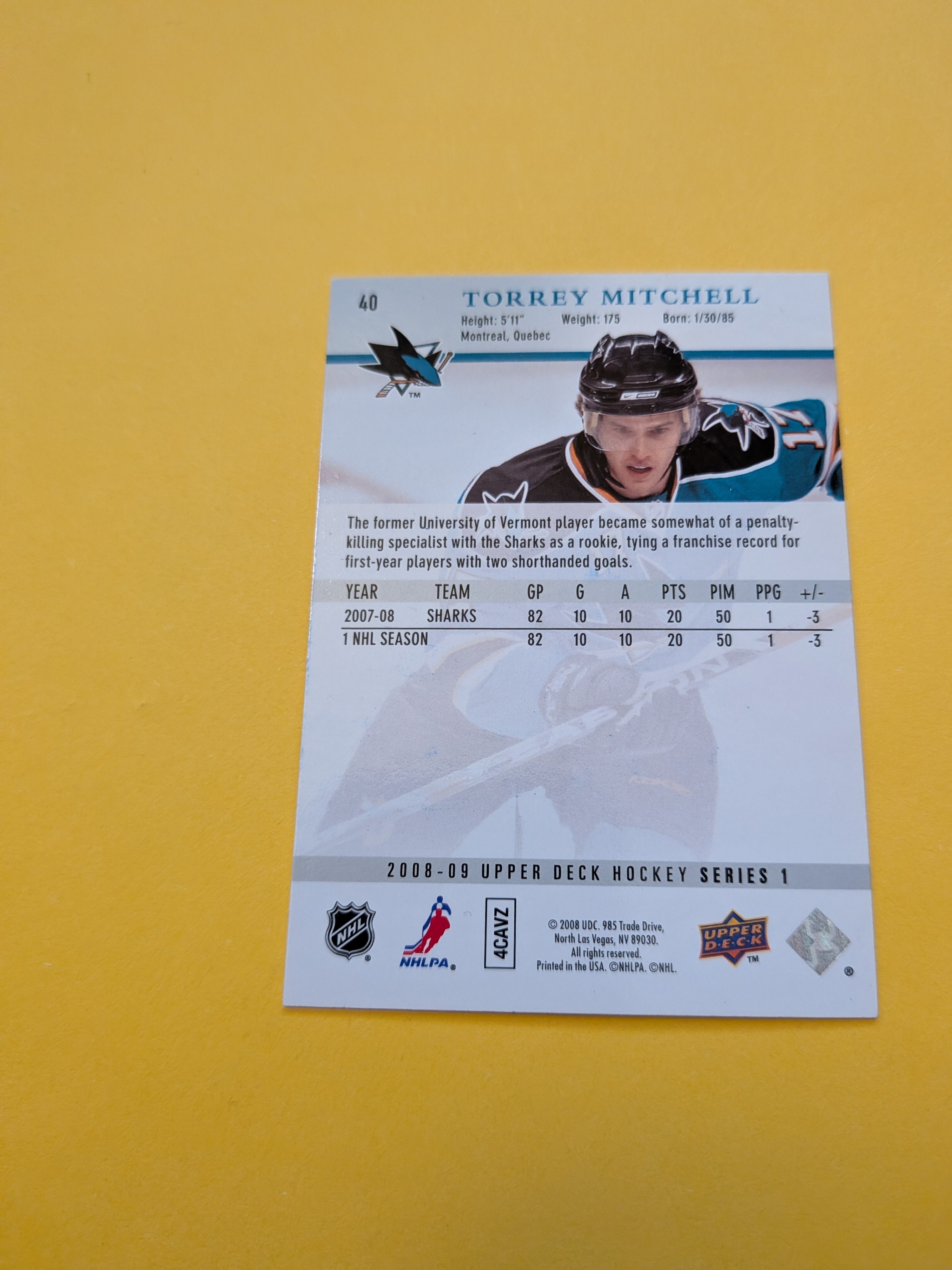 Torrey Mitchell Signed San Jose Sharks Card H