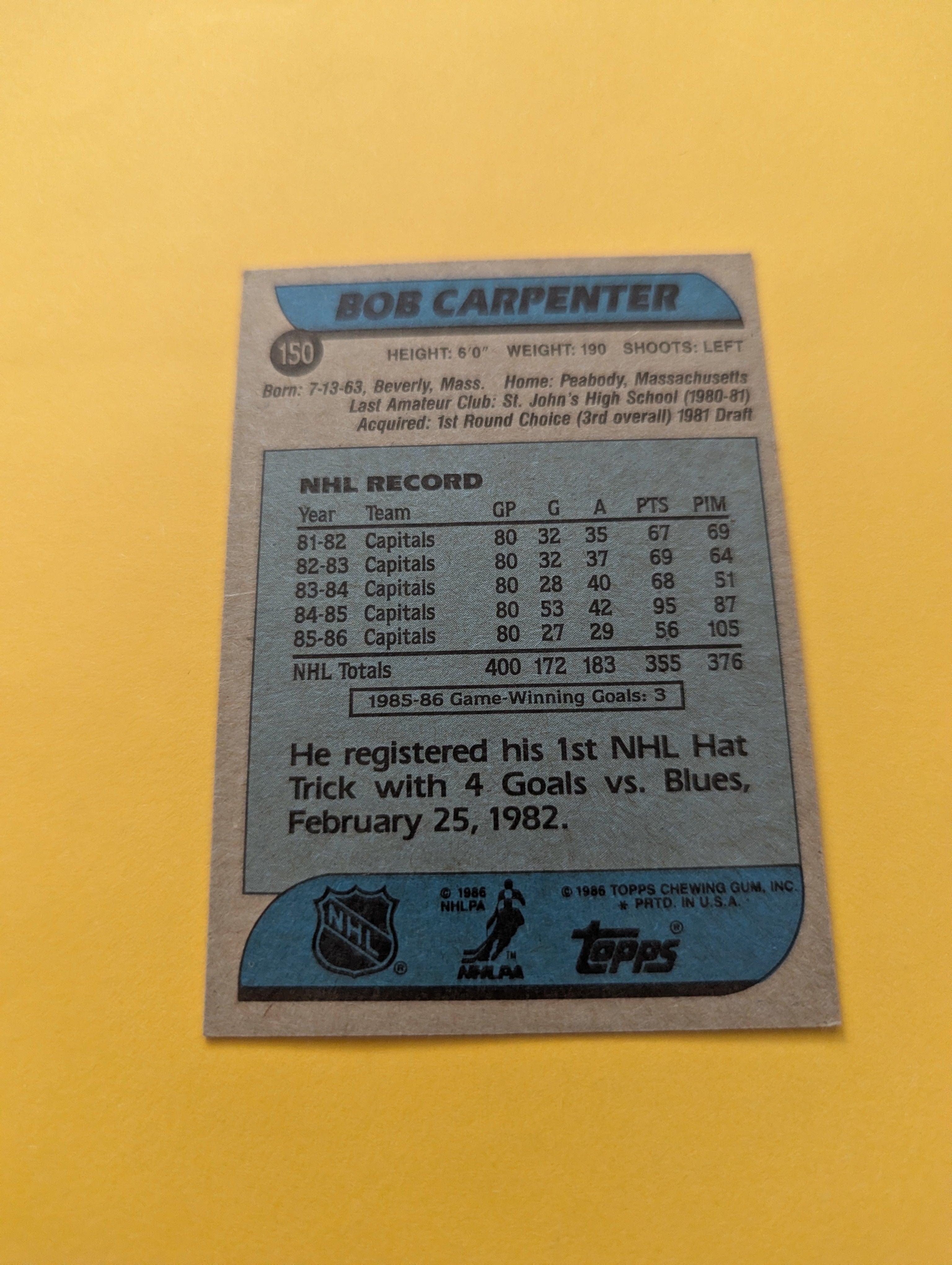 Bob Carpenter Signed Washington Capitals Card