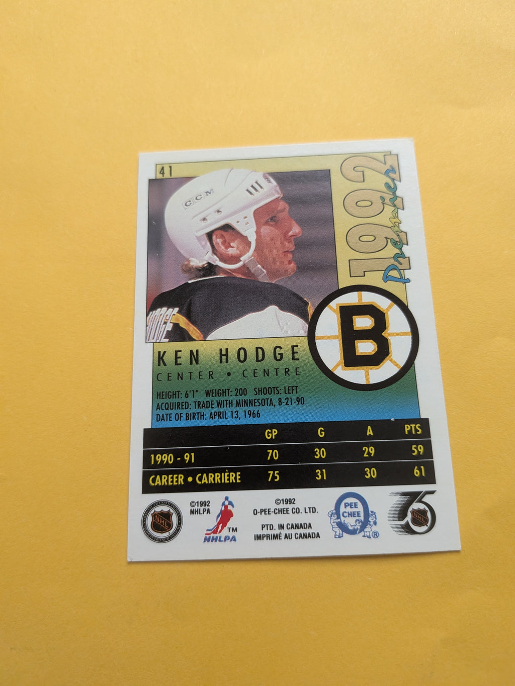 Ken Hodge Signed Boston Bruins Card D