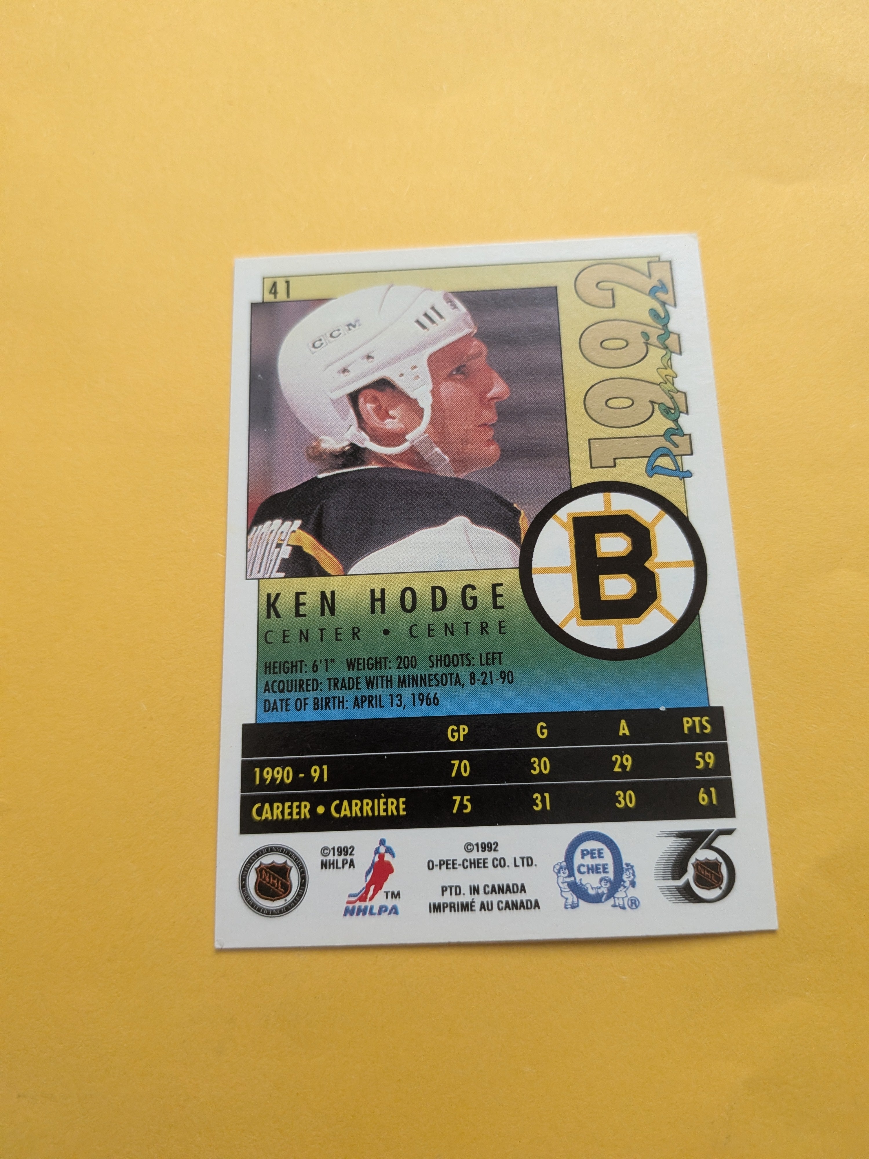 Ken Hodge Signed Boston Bruins Card D