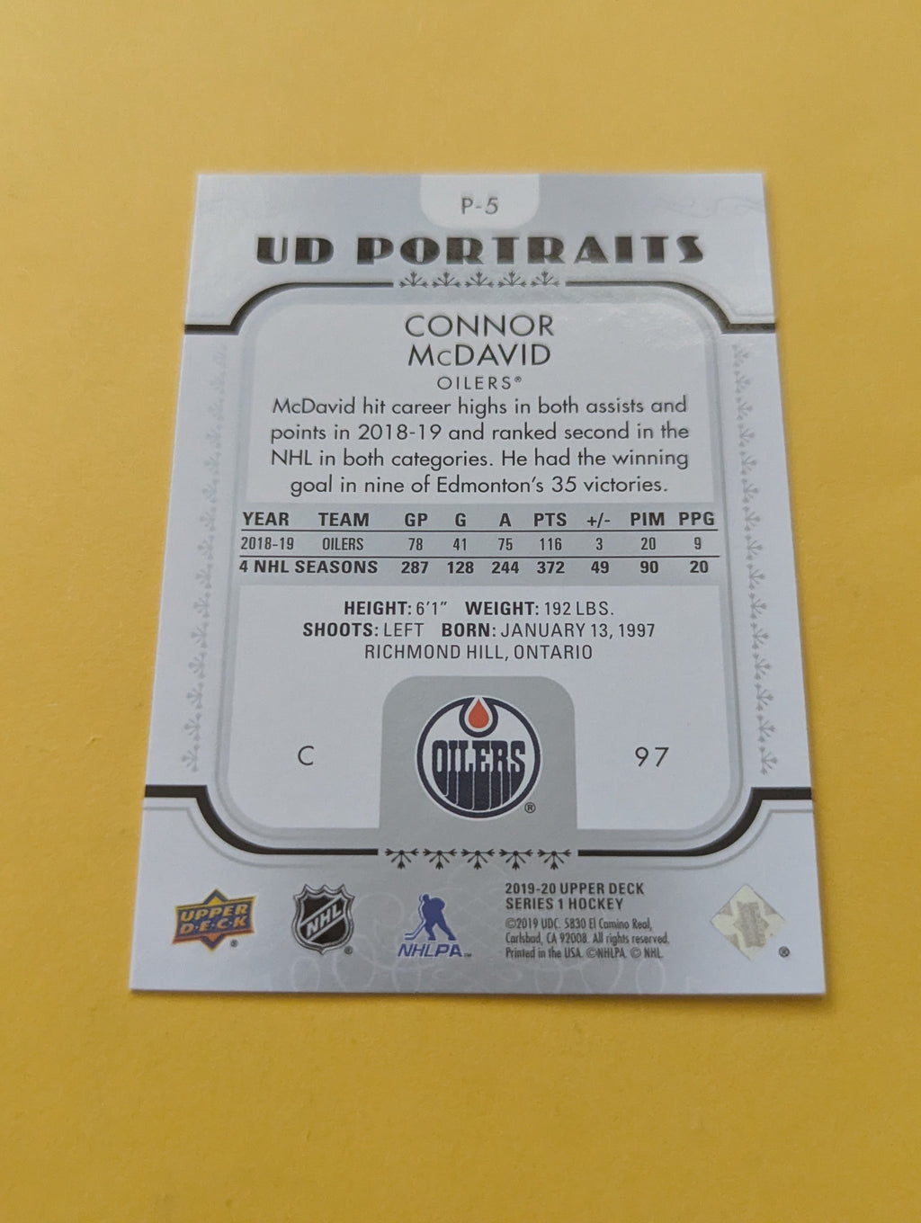 Connor McDavid 19-20 Upper Deck UD Portraits Card