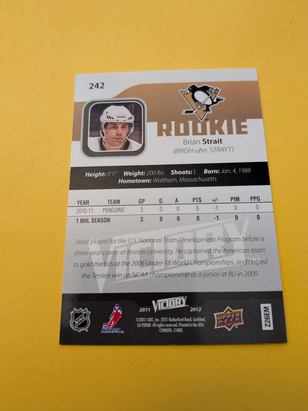 Brian Strait Signed Pittsburgh Penguins Rookie Card A