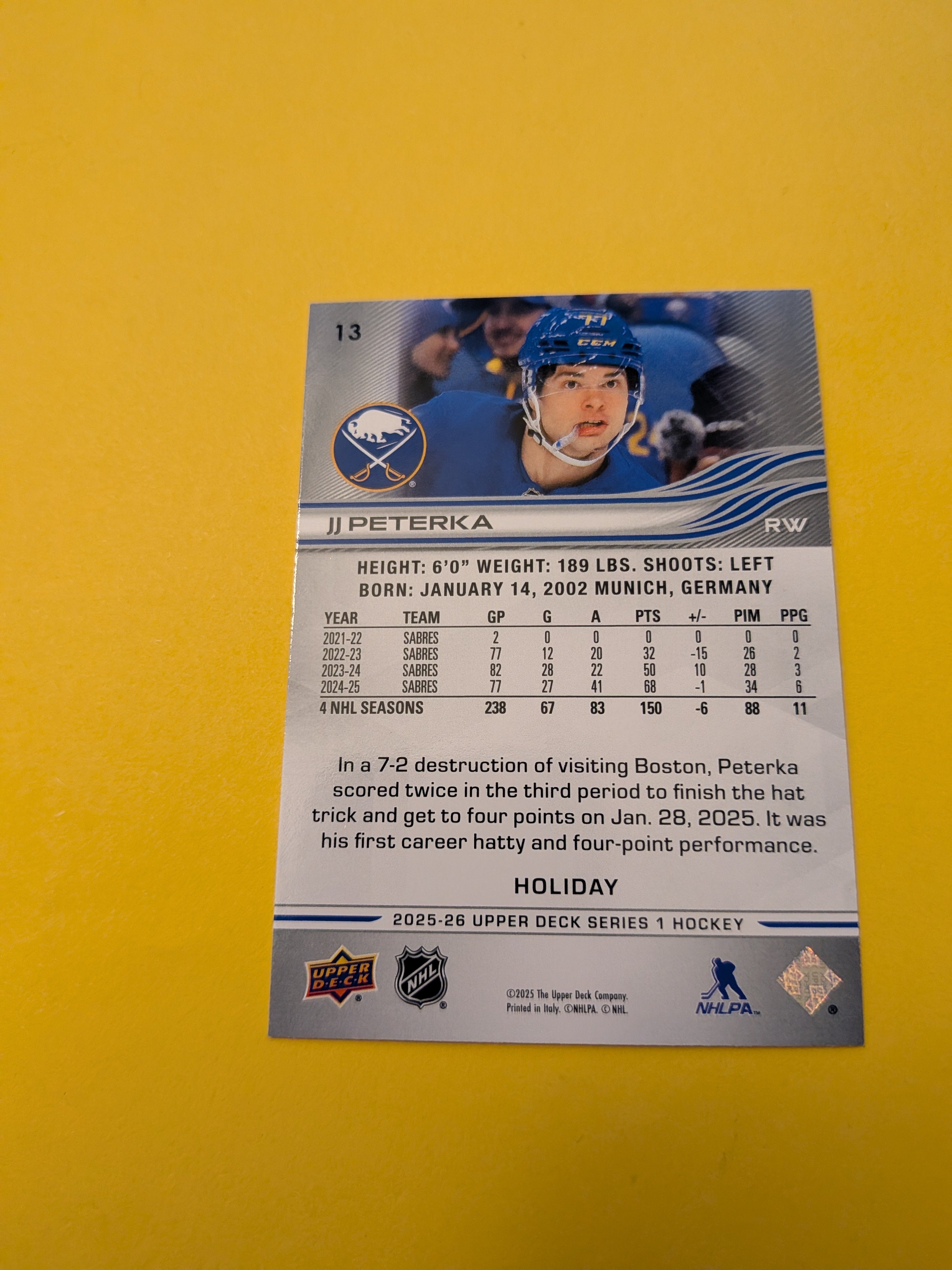 JJ Peterka 25-26 Upper Deck Green Holiday Card