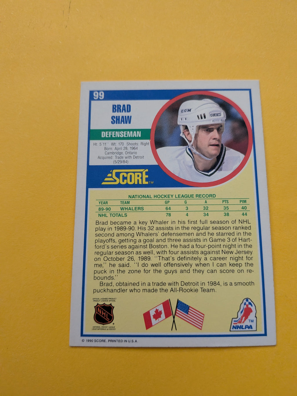 Brad Shaw Signed Hartford Whalers Card I