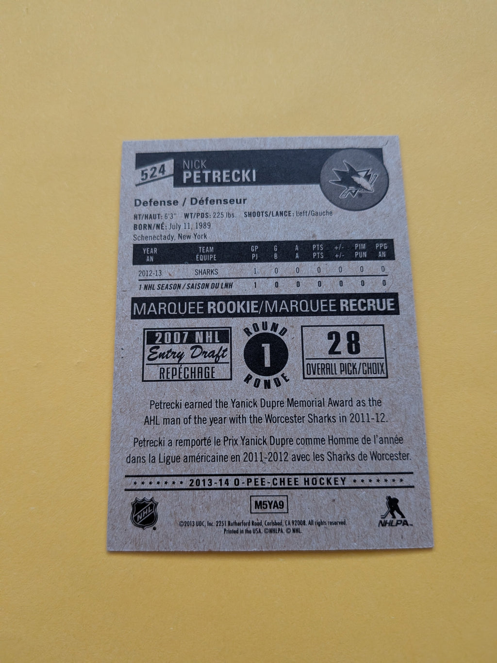 Nick Petrecki Signed San Jose Sharks Rookie Card B