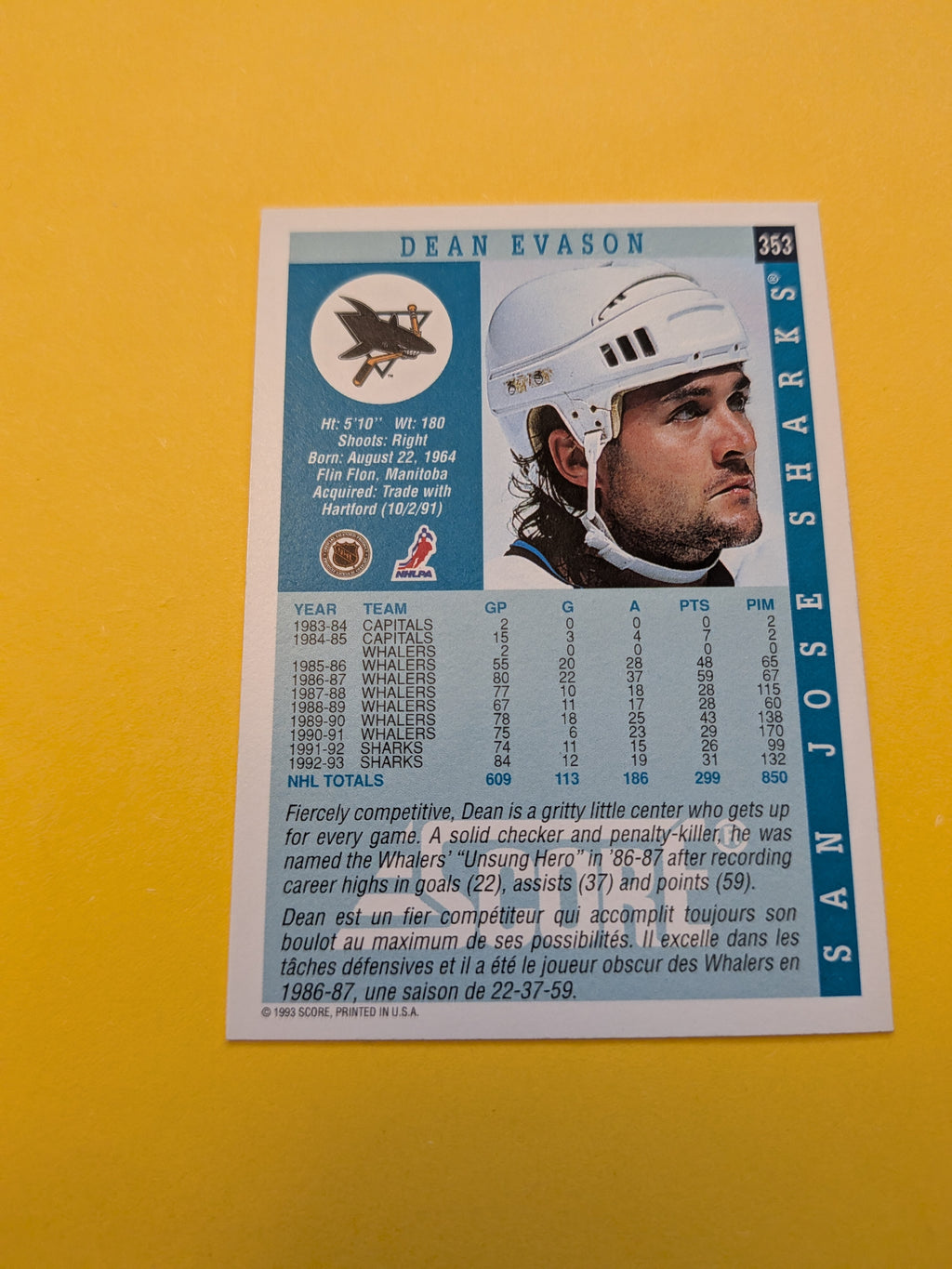 Dean Evason Signed San Jose Sharks Card A