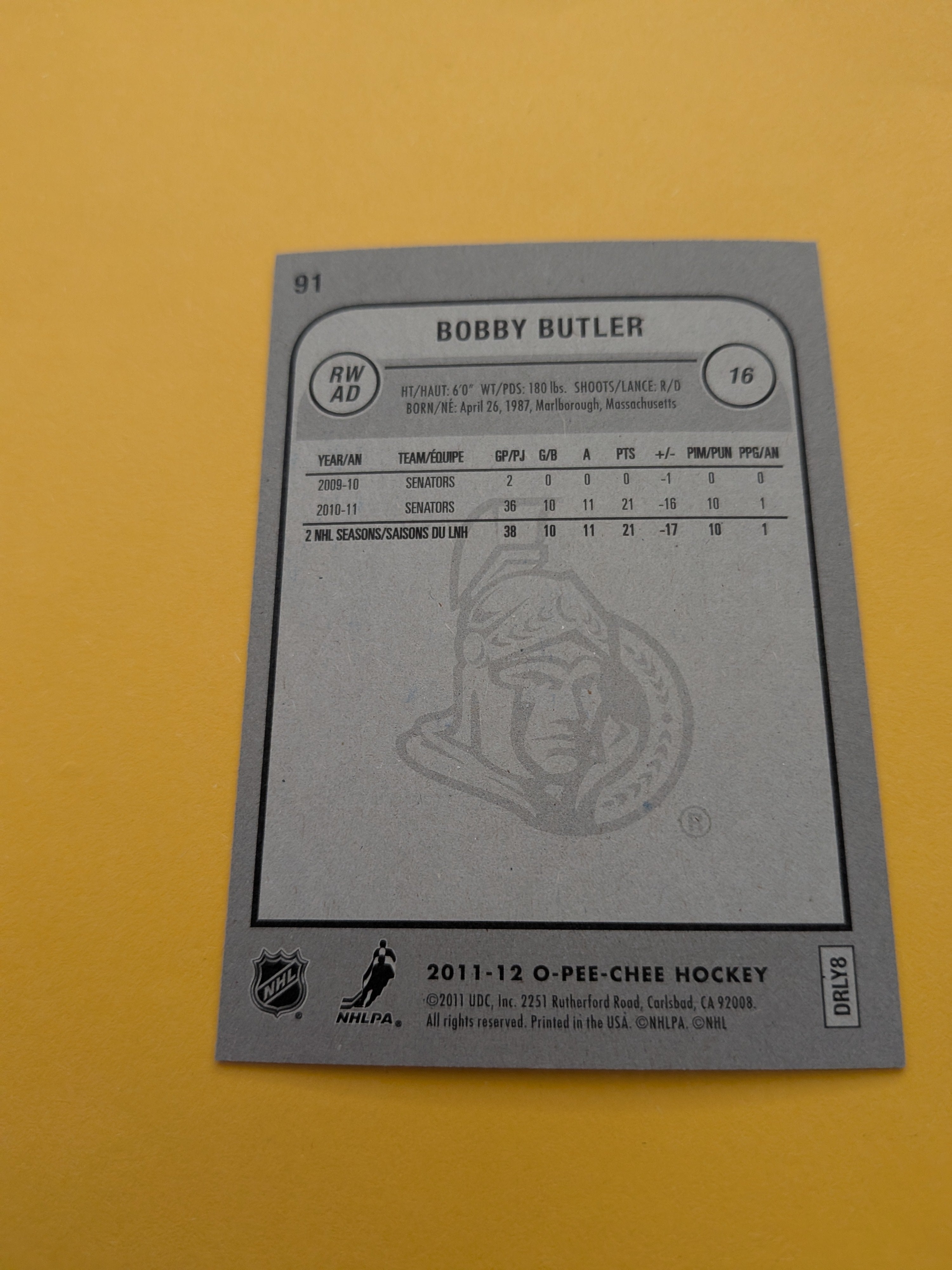 Bobby Buttler Signed Ottawa Senators Card A