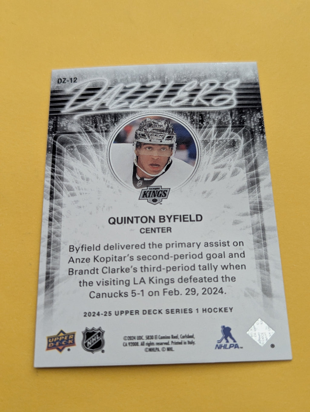 Quinton Byfield 24-25 Upper Deck Dazzlers Orange Card