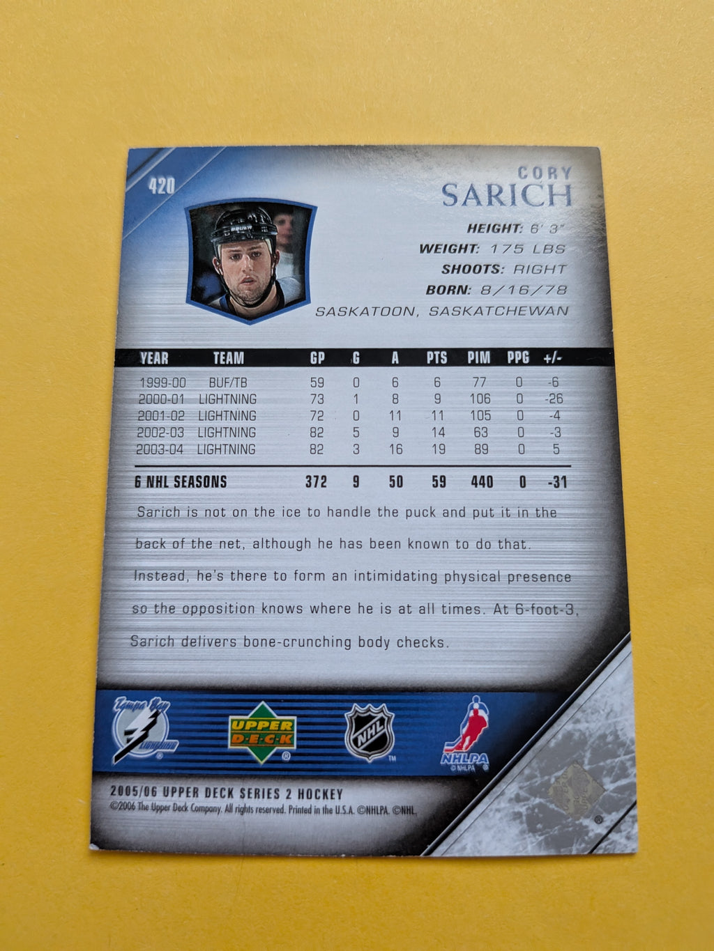 Cory Sarich Signed Tampa Bay Lightning Card A