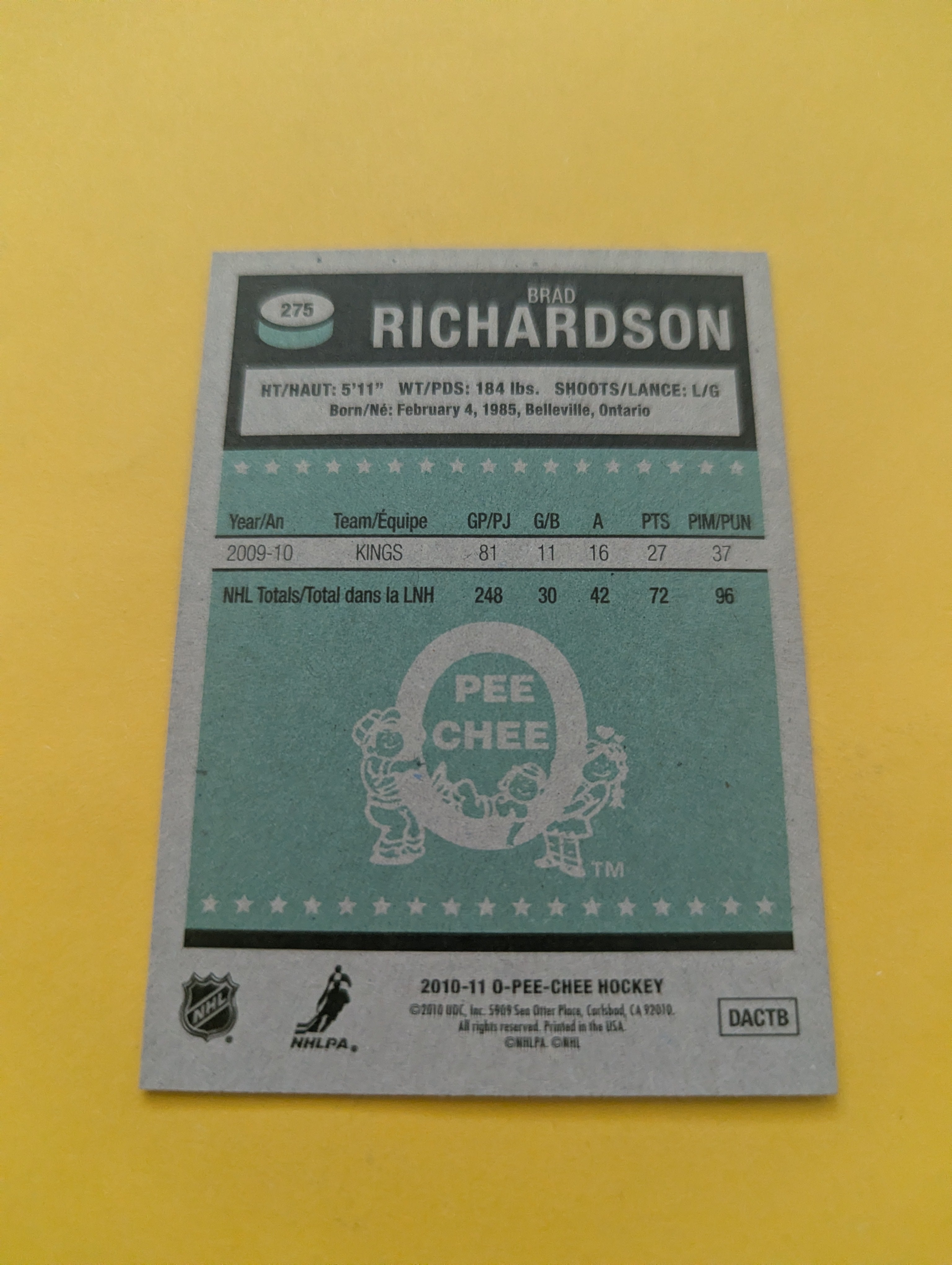 Brad Richardson Signed Los Angeles Kings Card B