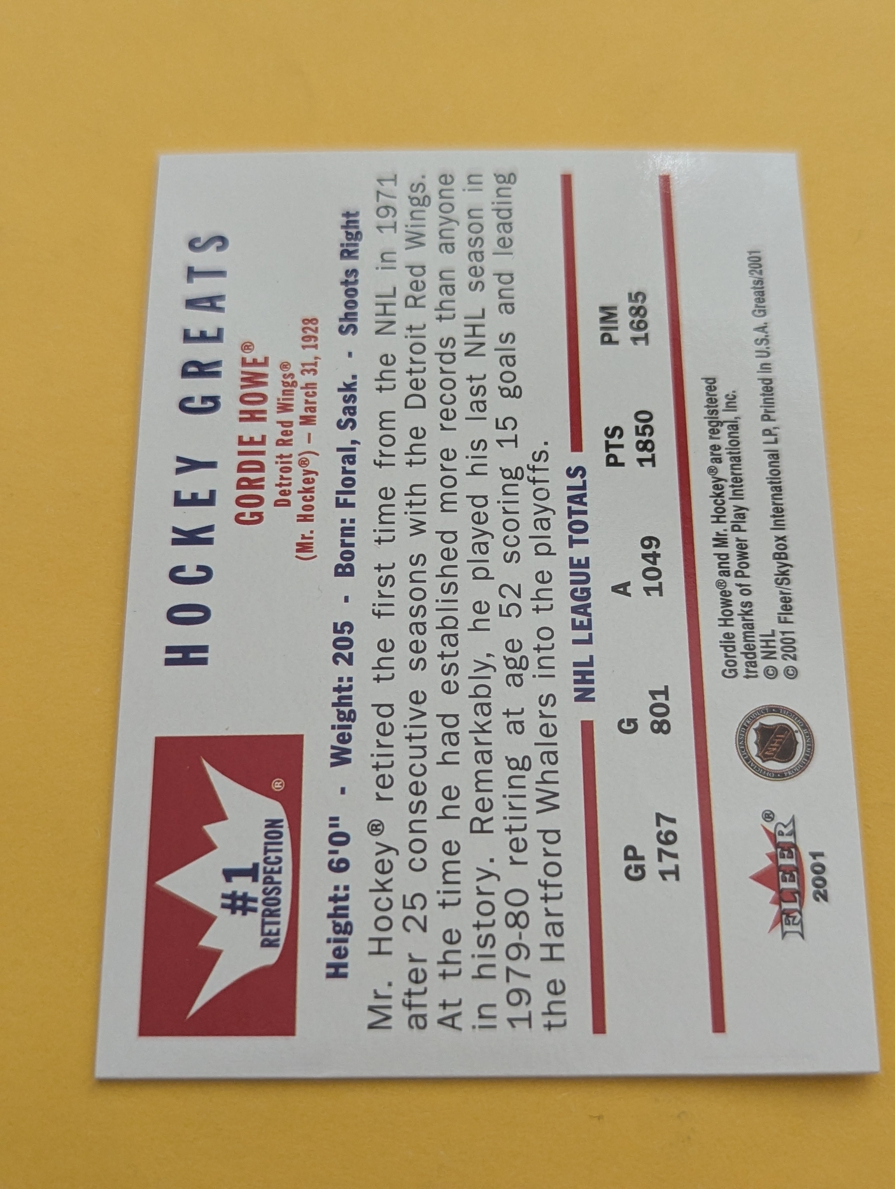 Gordie Howe 2001 Fleer Greats Of The Game Retrospective Card