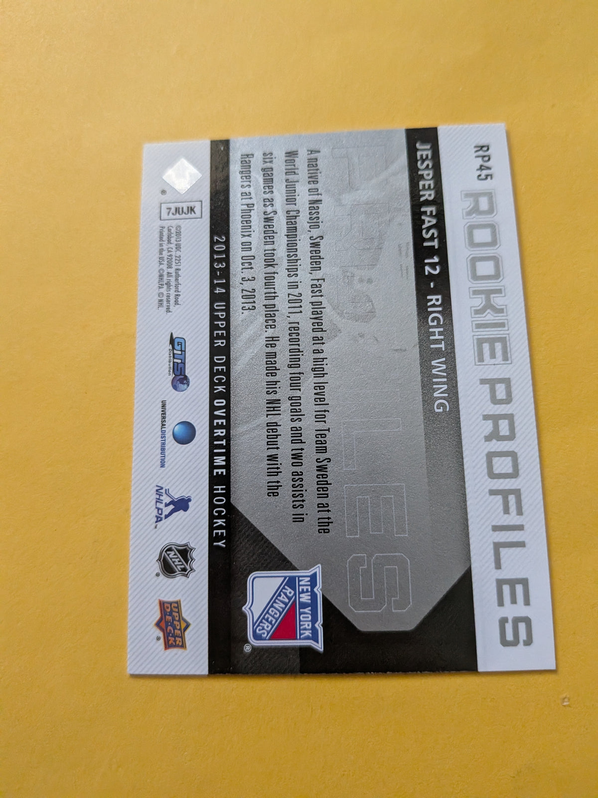 Jesper Fast Signed New York Rangers Card A