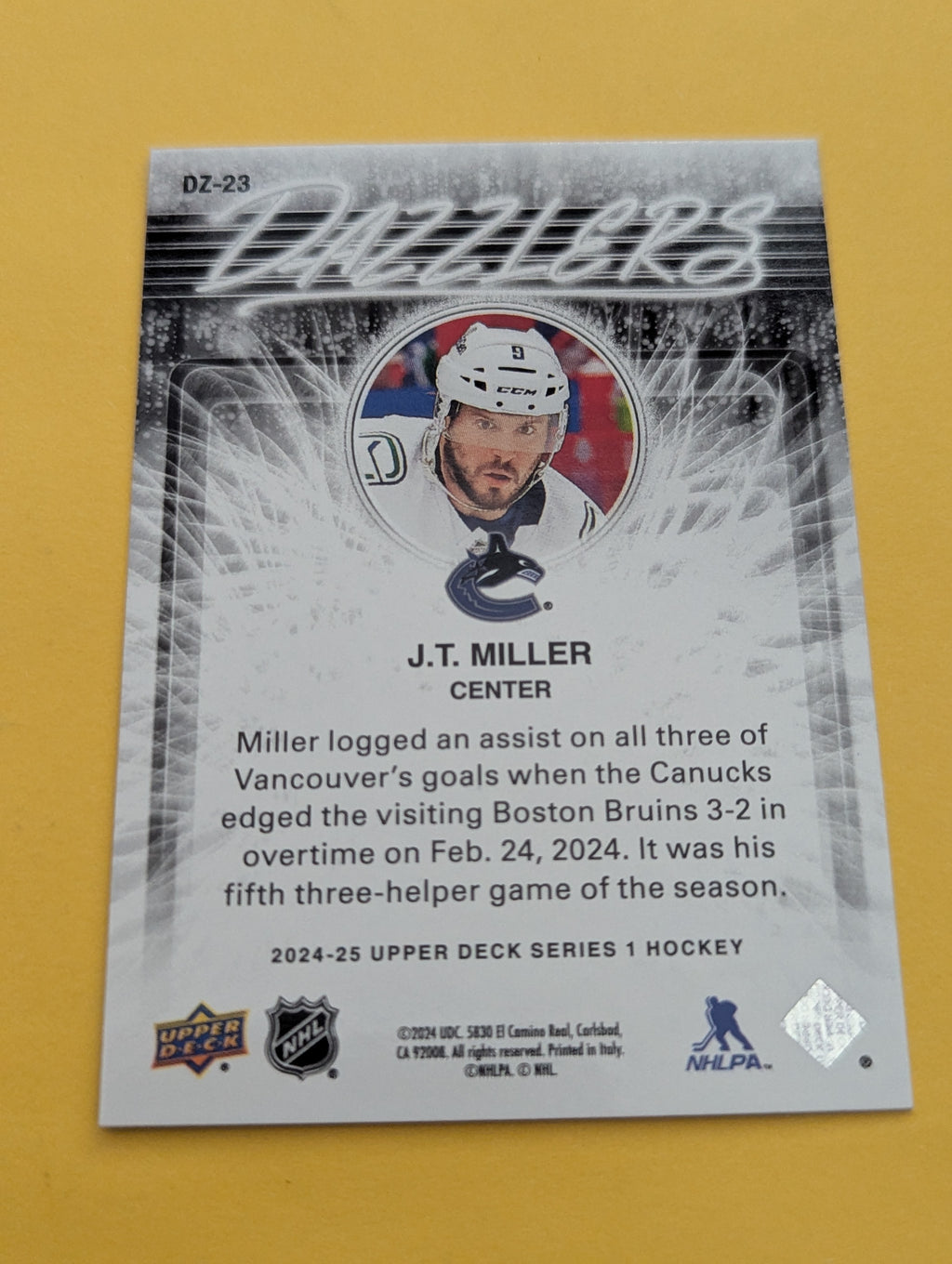 J.T. Miller 24-25 Upper Deck Dazzlers Orange Card