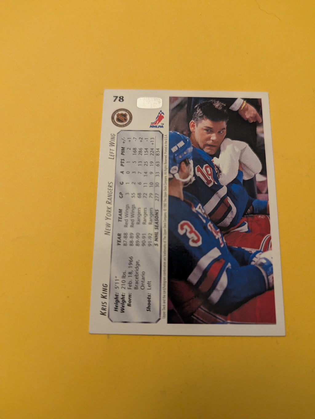 Kris King Signed New York Rangers Card