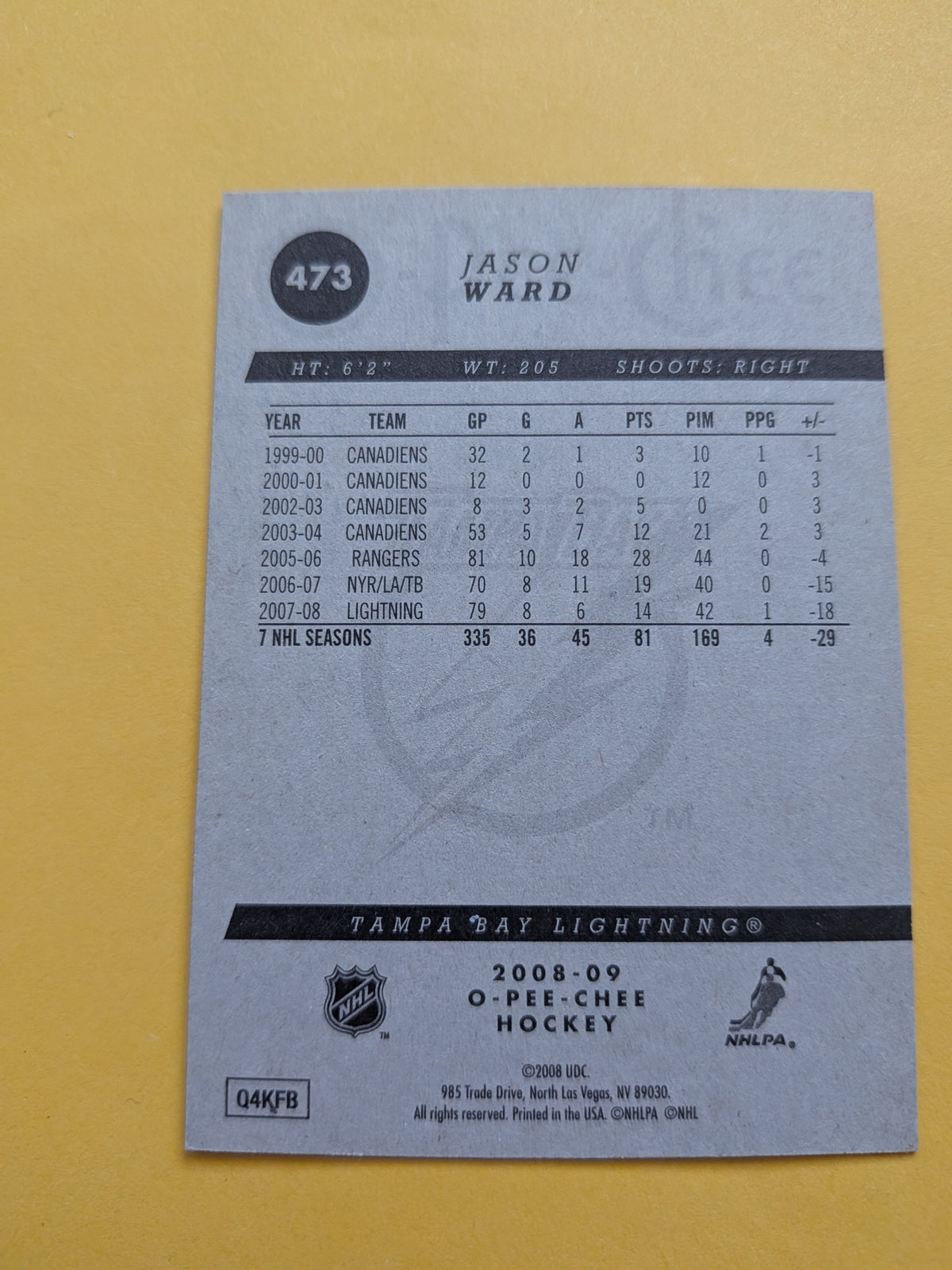 Jason Ward Signed Tampa Bay Lightning Card A