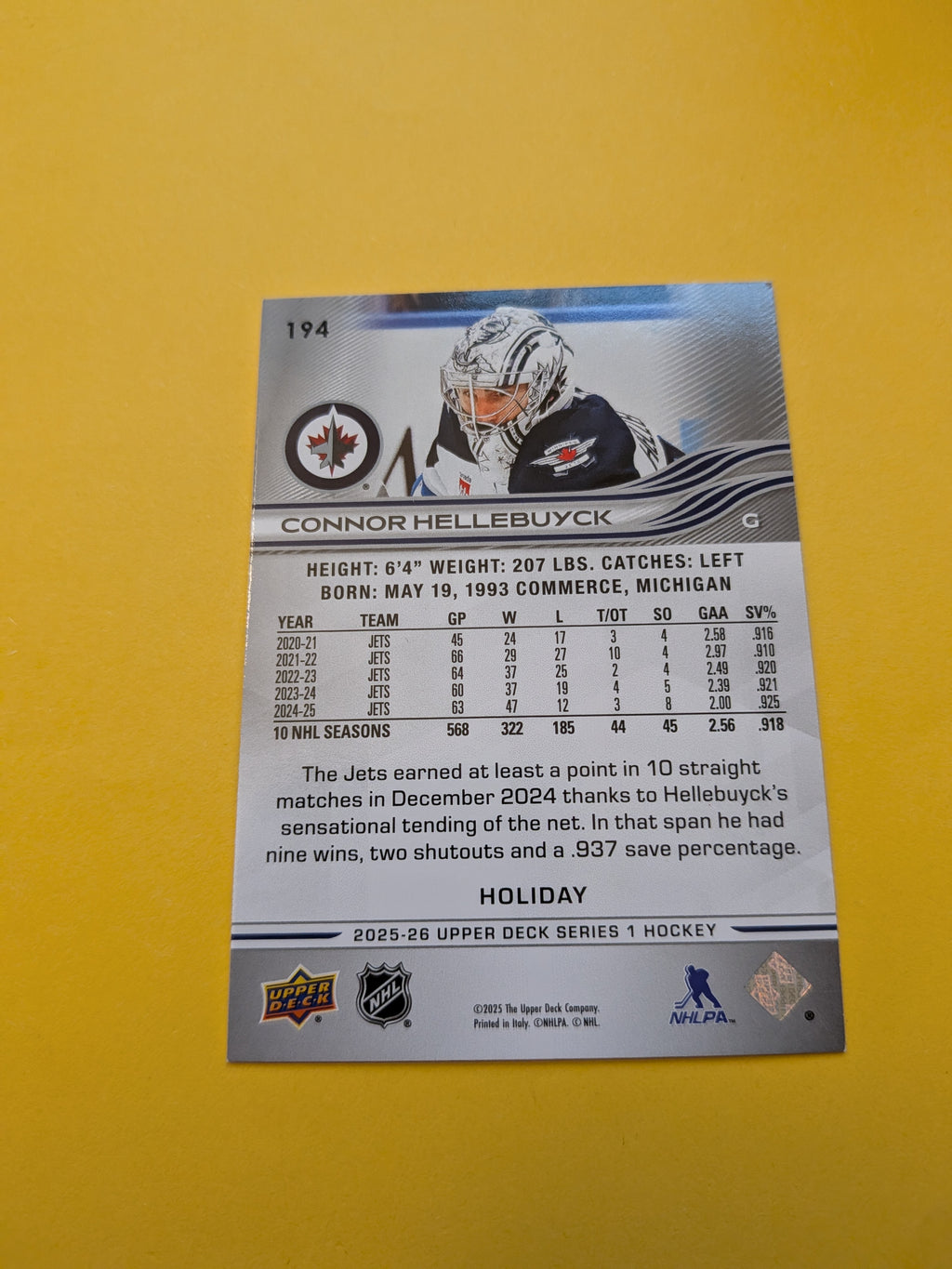 Connor Hellebuyck 25-26 Upper Deck Green Holiday Card