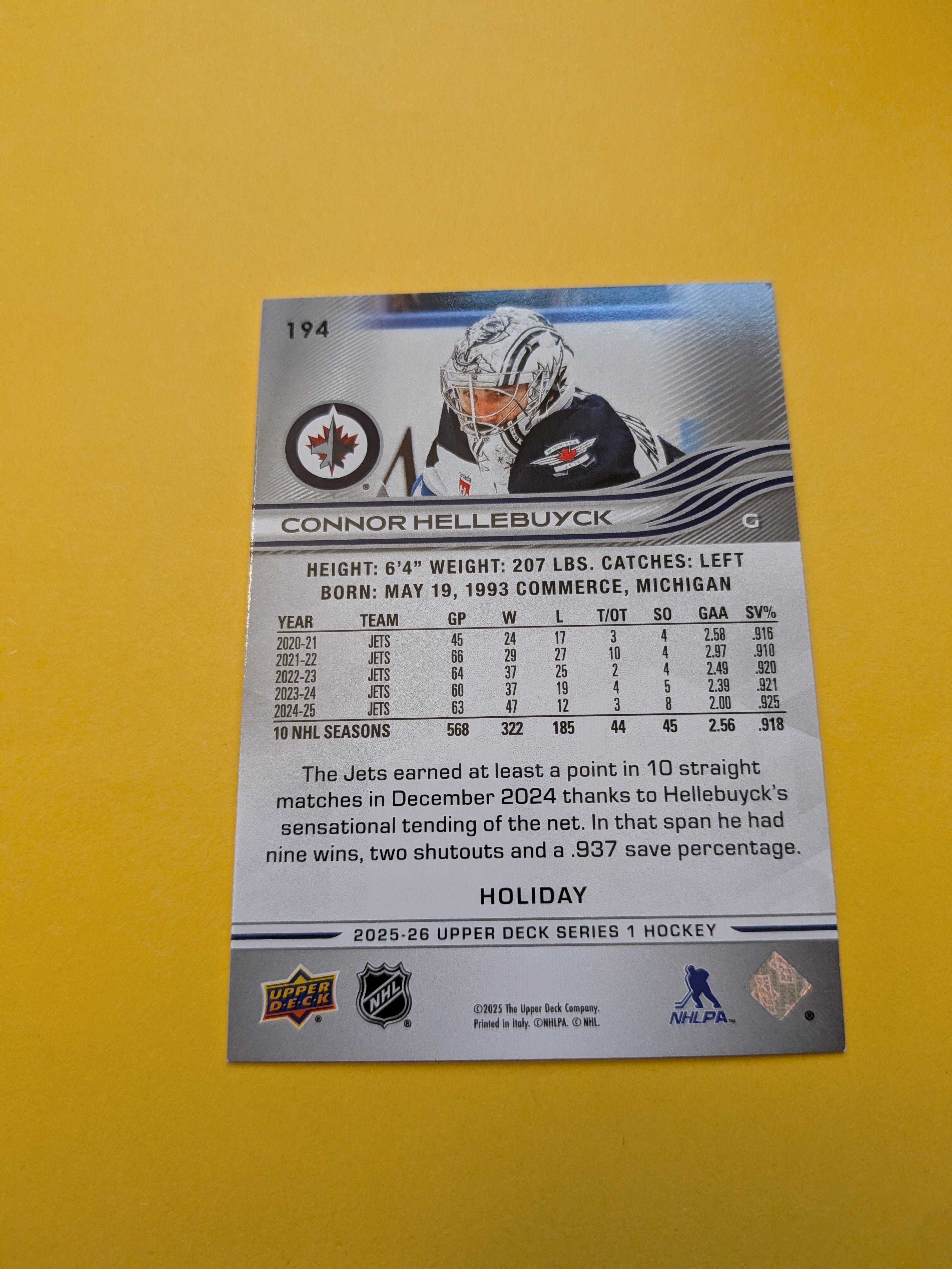 Connor Hellebuyck 25-26 Upper Deck Green Holiday Card