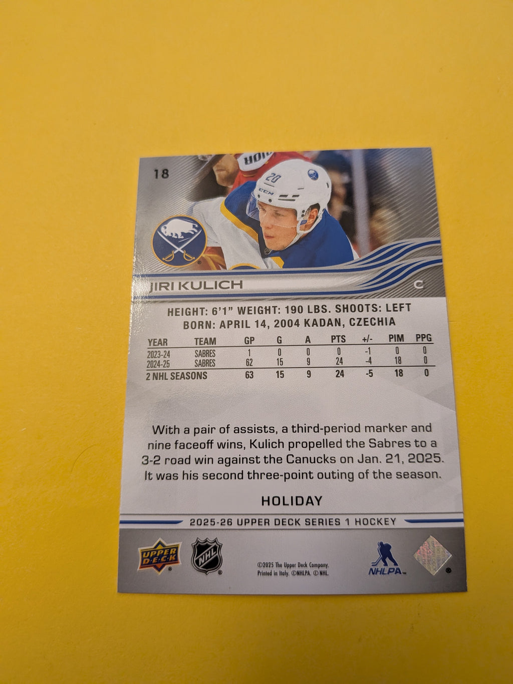 Jiri Kulich 25-26 Upper Deck Green Holiday Card