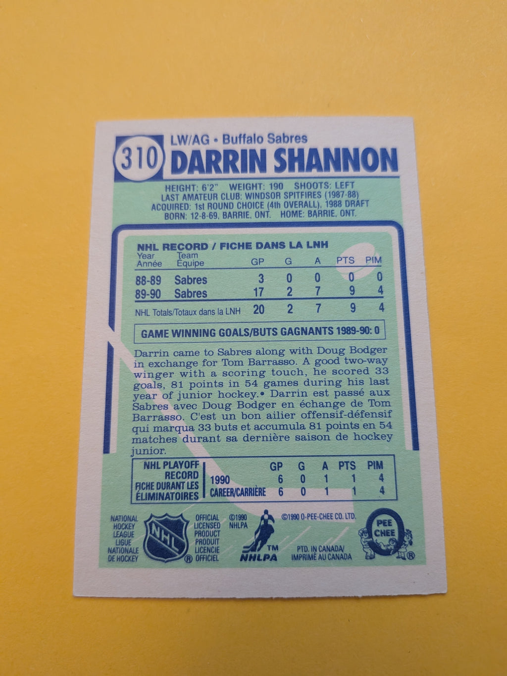 Darrin Shannon Signed Buffalo Sabres Rookie Card B