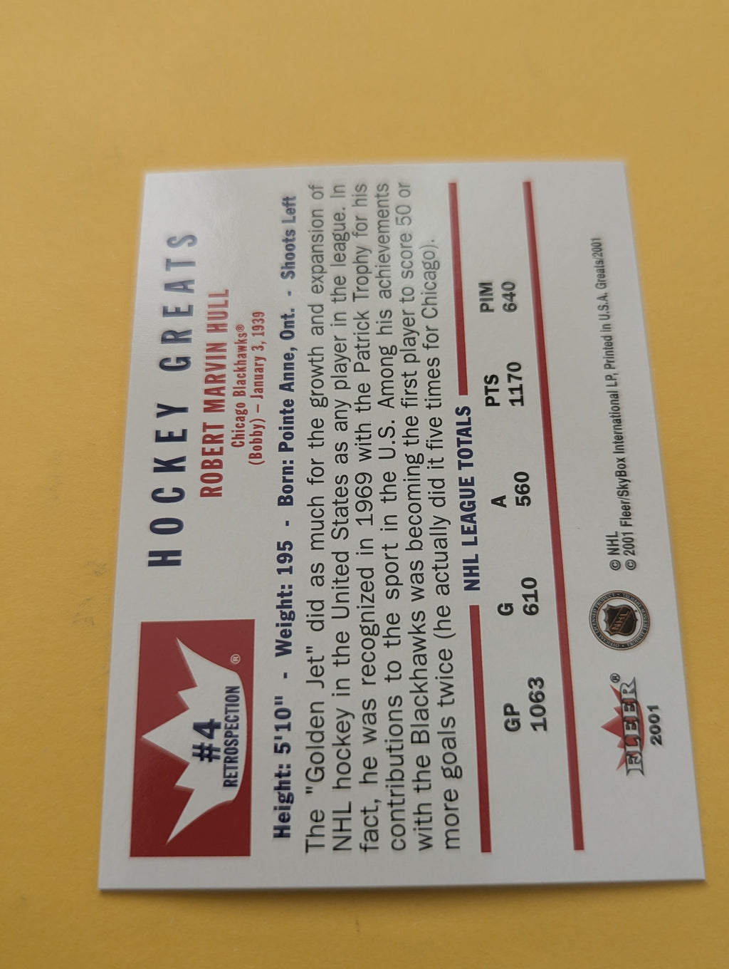 Bobby Hull 2001 Fleer Greats Of The Game Retrospective Card