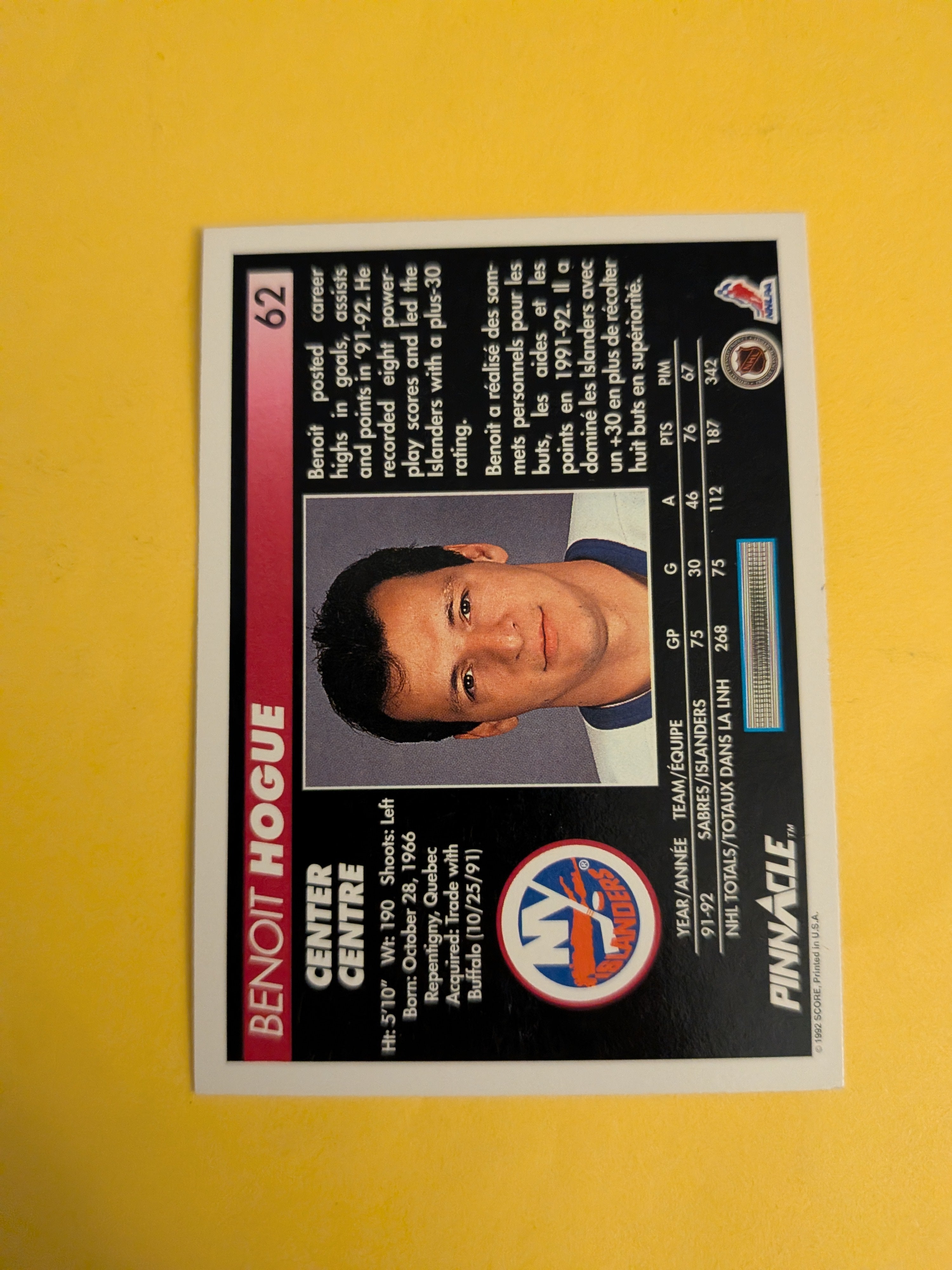 Benoit Hogue Signed New York Islanders Card A