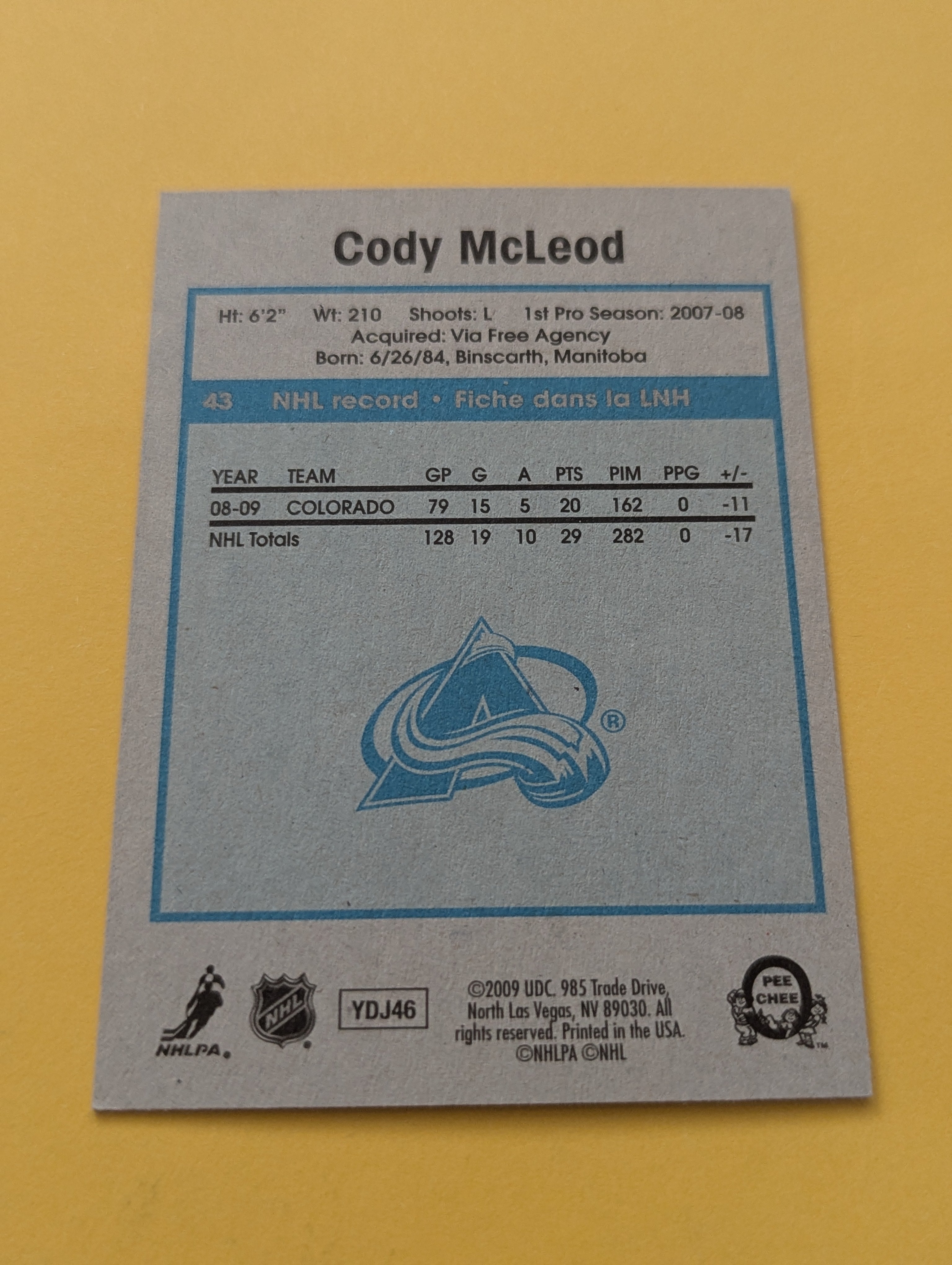 Cody McLeod Signed Colorado Avalanche Card