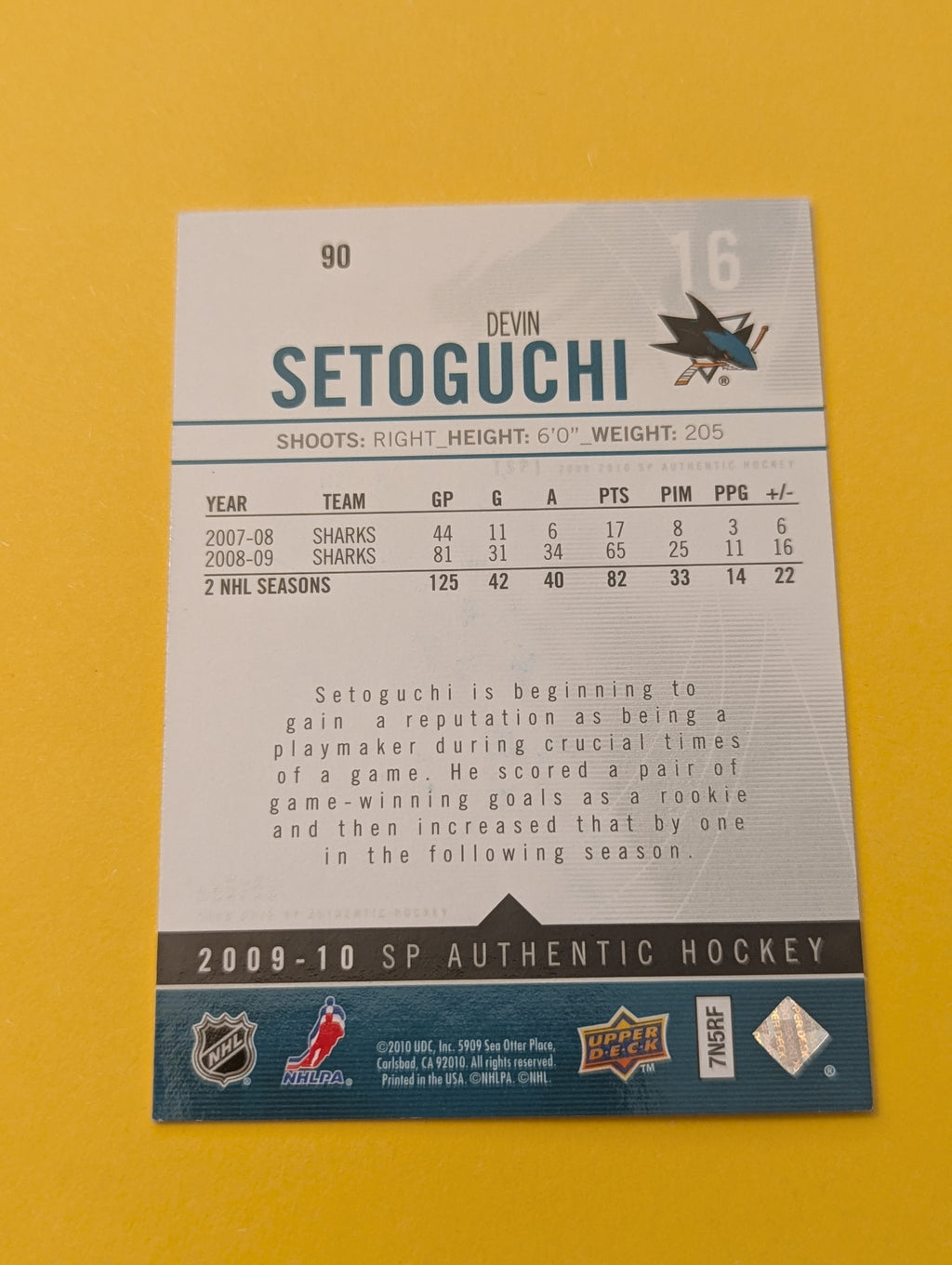 Devin Setoguchi Signed San Jose Sharks Card