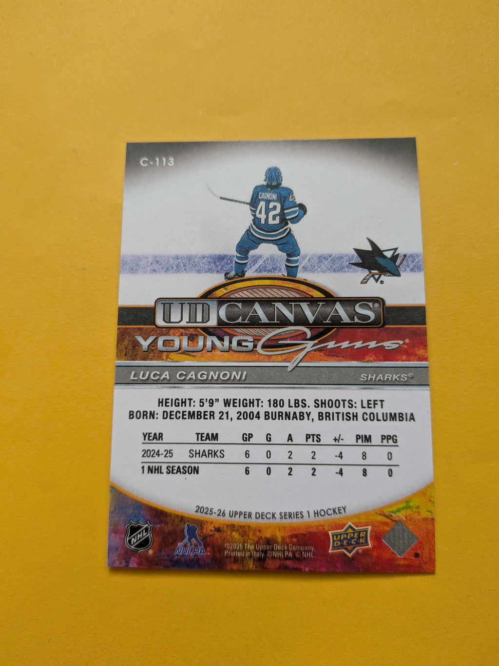 Luca Cagnoni Signed San Jose Sharks Young Guns Canvas Rookie Card