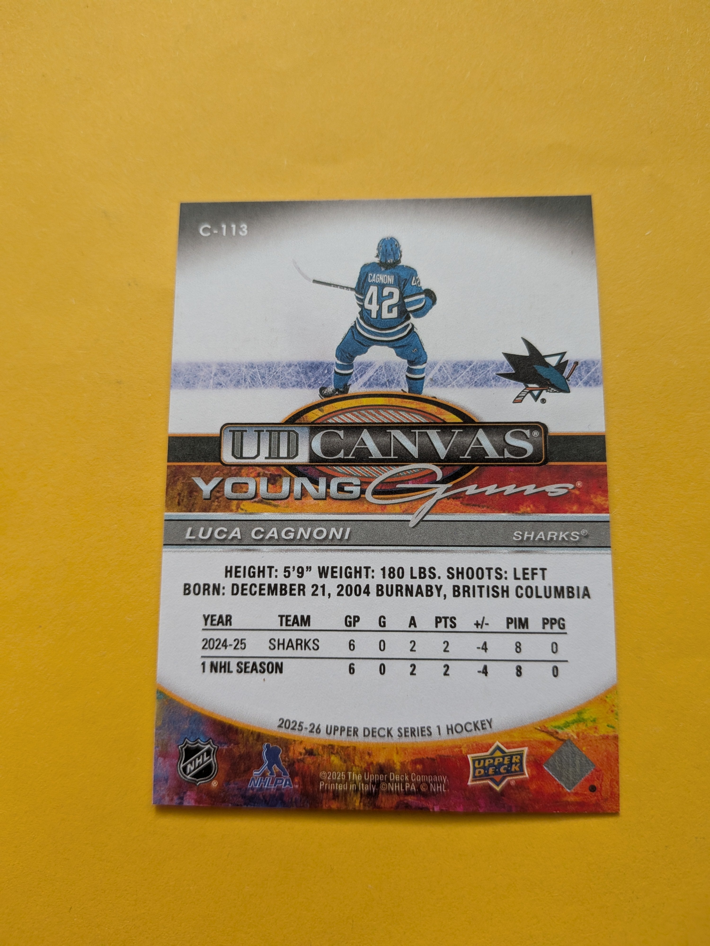 Luca Cagnoni Signed San Jose Sharks Young Guns Canvas Rookie Card