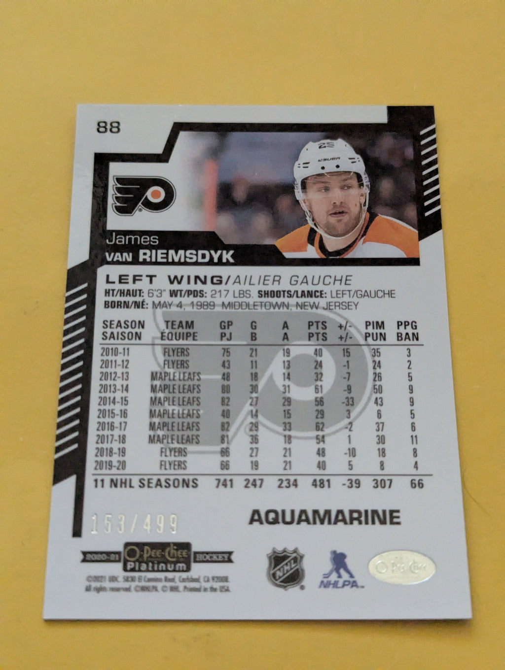 James Van Riemsdyk 20-21 OPC Platinum Aquamarine Card 153/499