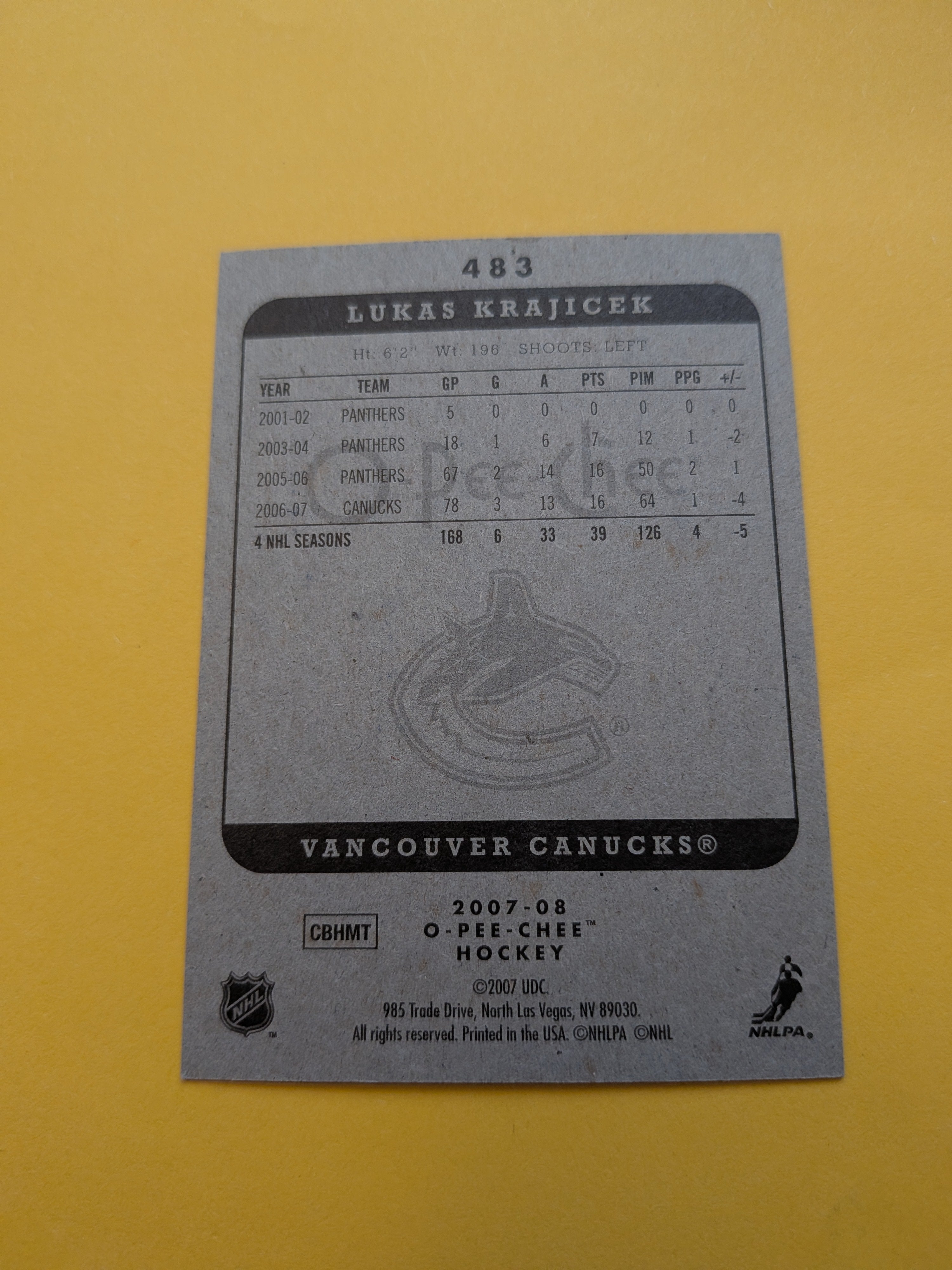 Lukas Krajicek Signed Vancouver Canucks Card