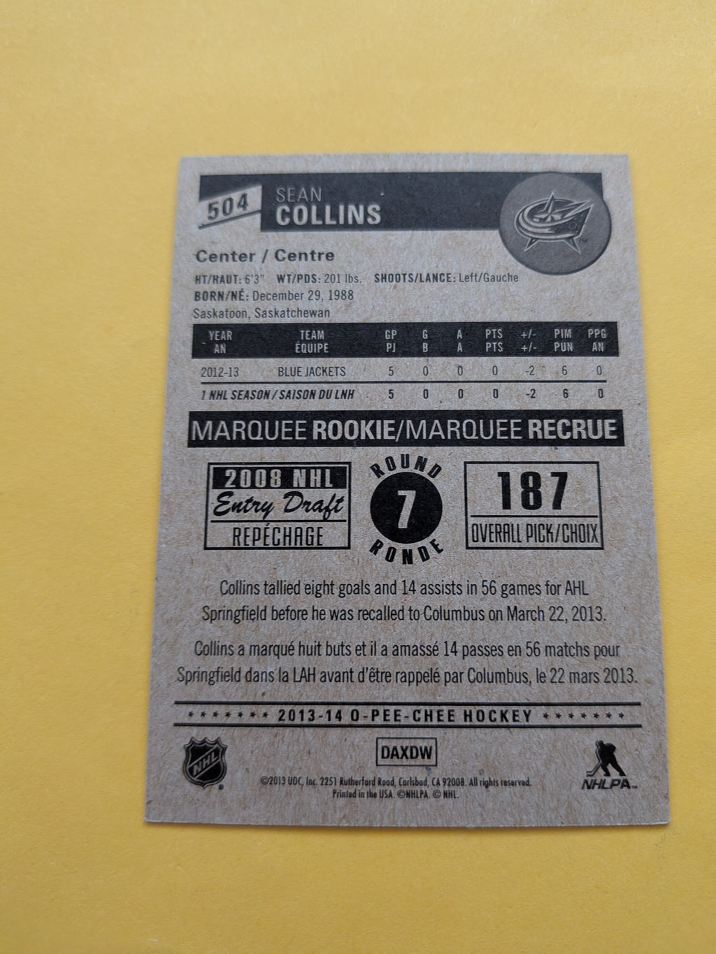 Sean Collins Signed Columbus Blue Jackets Rookie Card A